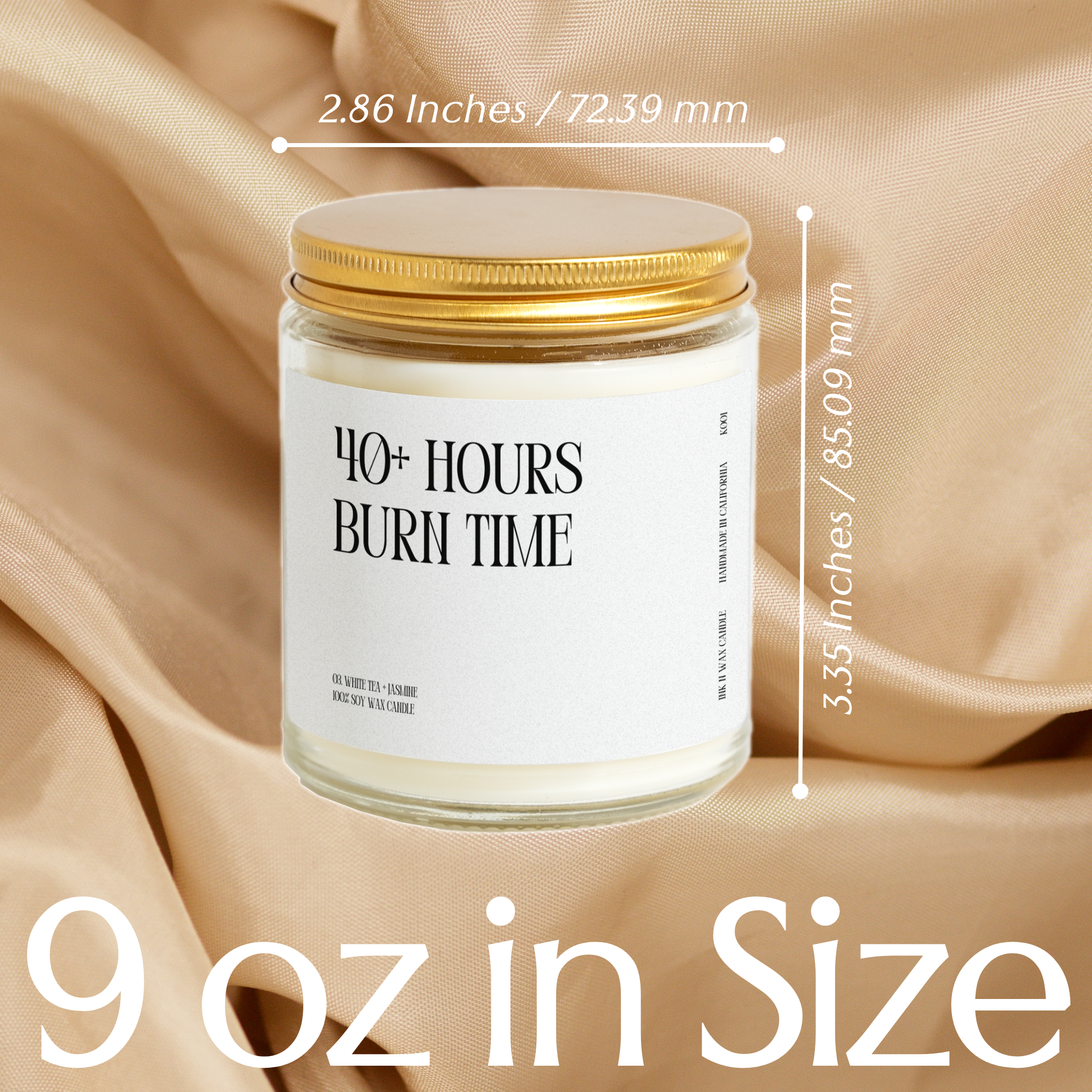A candle labeled "40+ HOURS BURN TIME" is shown against a beige fabric background.
