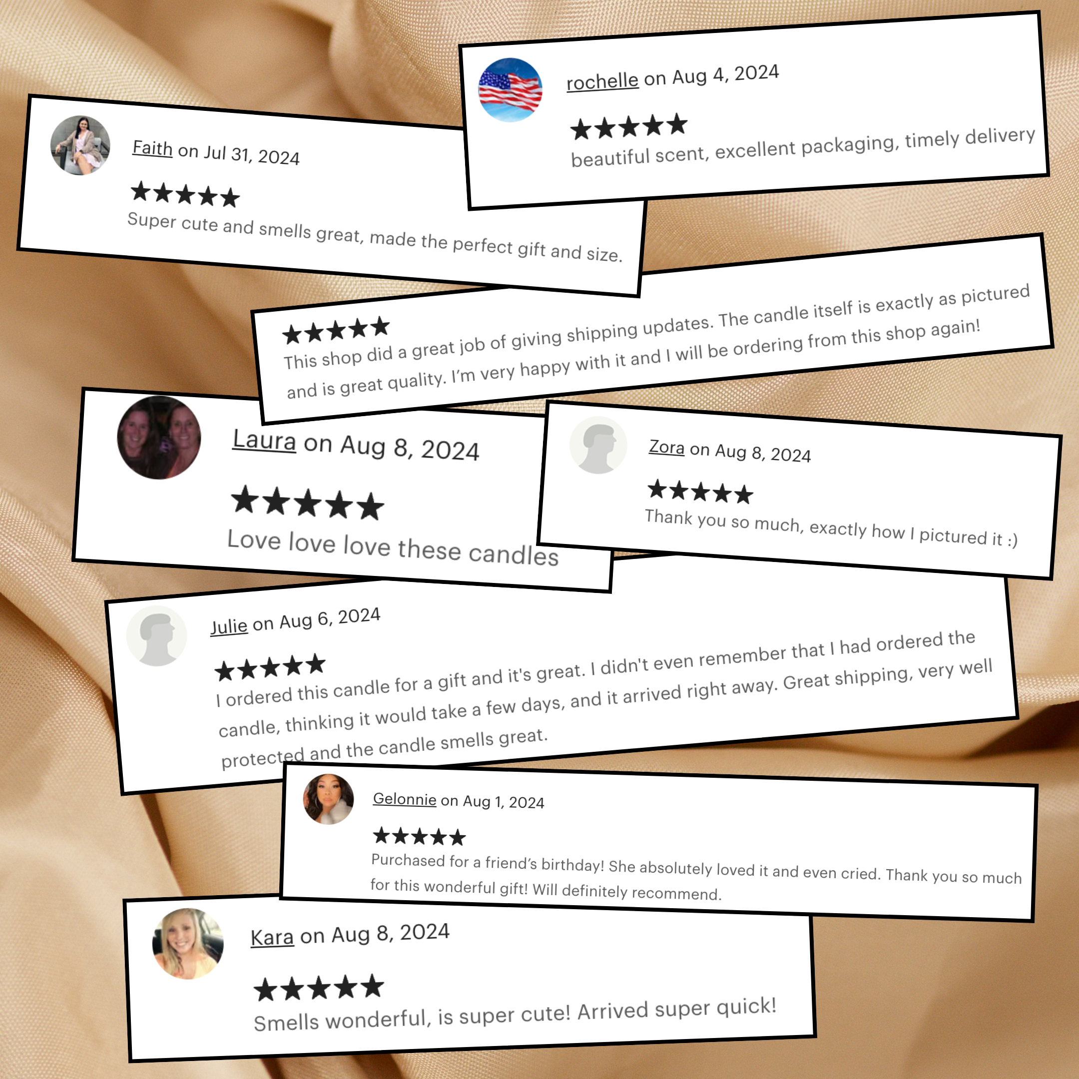 a collage of various customer reviews for a product, specifically candles. The reviews are predominantly positive, with customers expressing their satisfaction with the product, such as its scent, packaging, and delivery. The reviews are written in different languages, indicating a diverse customer base. The collage is not a single image but a collection of individual reviews, each with its own rating and description.