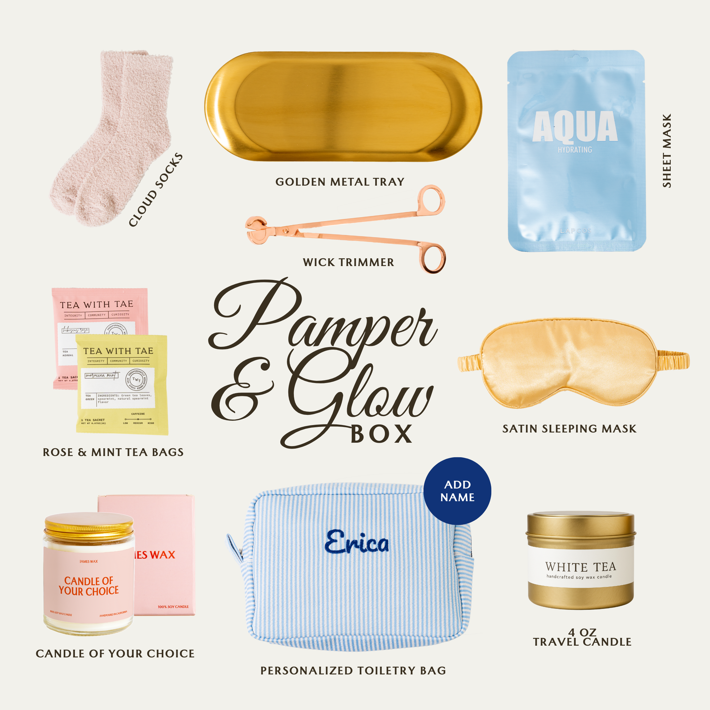 various items related to a "Pamper & Glow Box" that includes a golden metal tray, wick trimmer, sheet mask, satin sleeping mask, rose & mint tea bags, a candle, a satin sleeping mask, a personalized toiletry bag, and a travel candle.