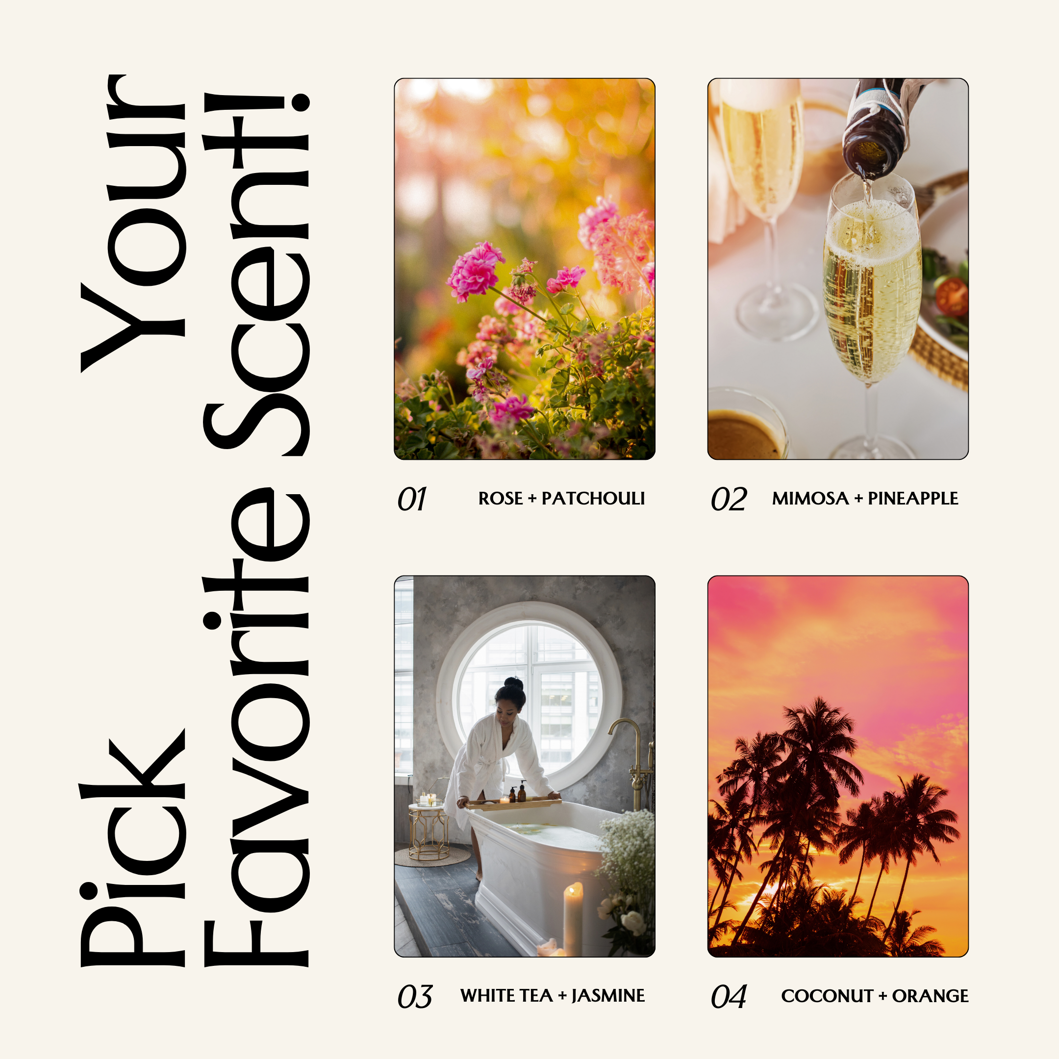 The image is a collage of four different images, each depicting a different scent or setting. The first image shows a rose and patchouli, the second image shows a mimosa and pineapple, the third image shows a woman in a bathtub, and the fourth image shows a sunset with palm trees.