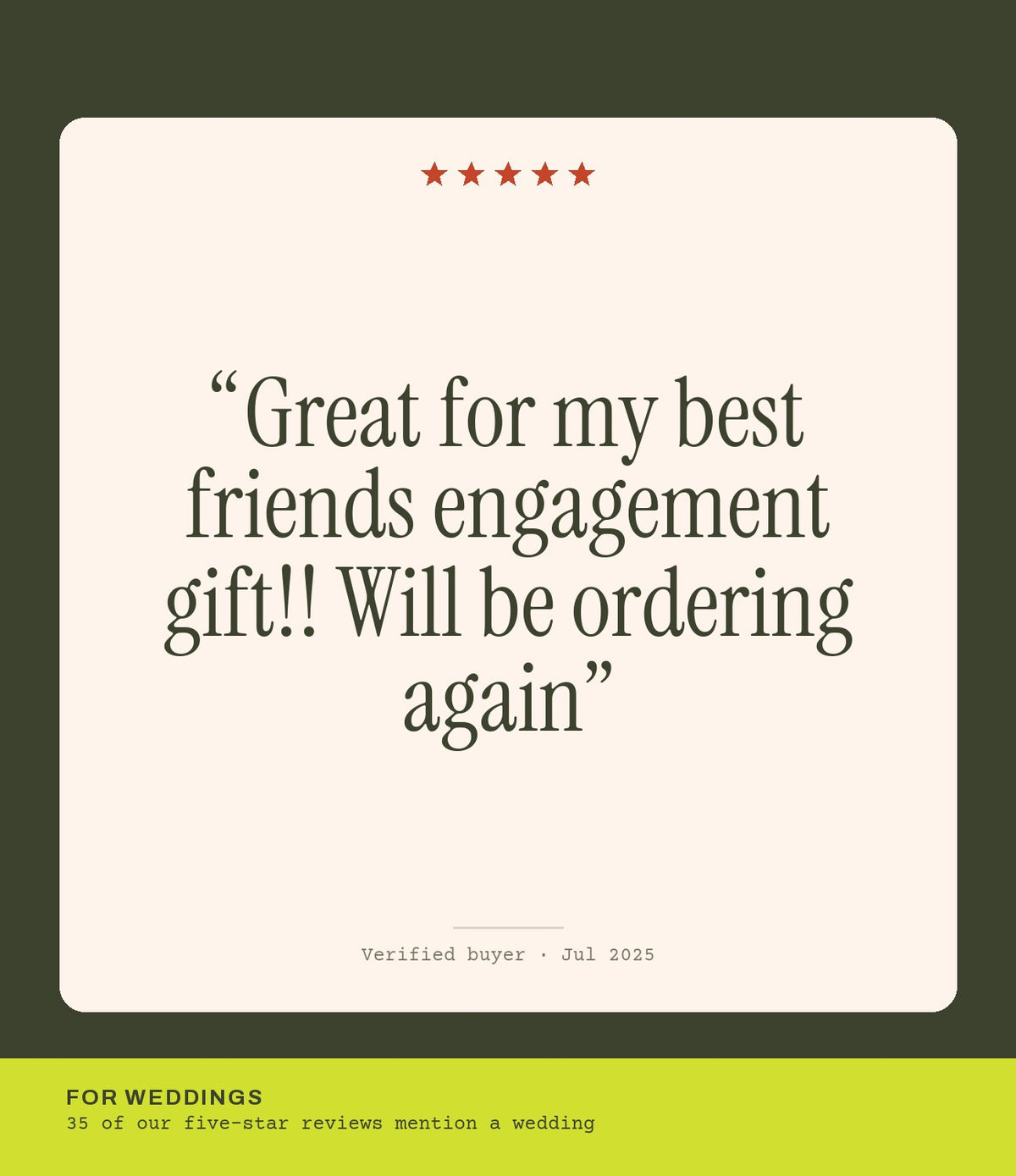Verified buyer review: Great for my best friends engagement gift!! Will be ordering again