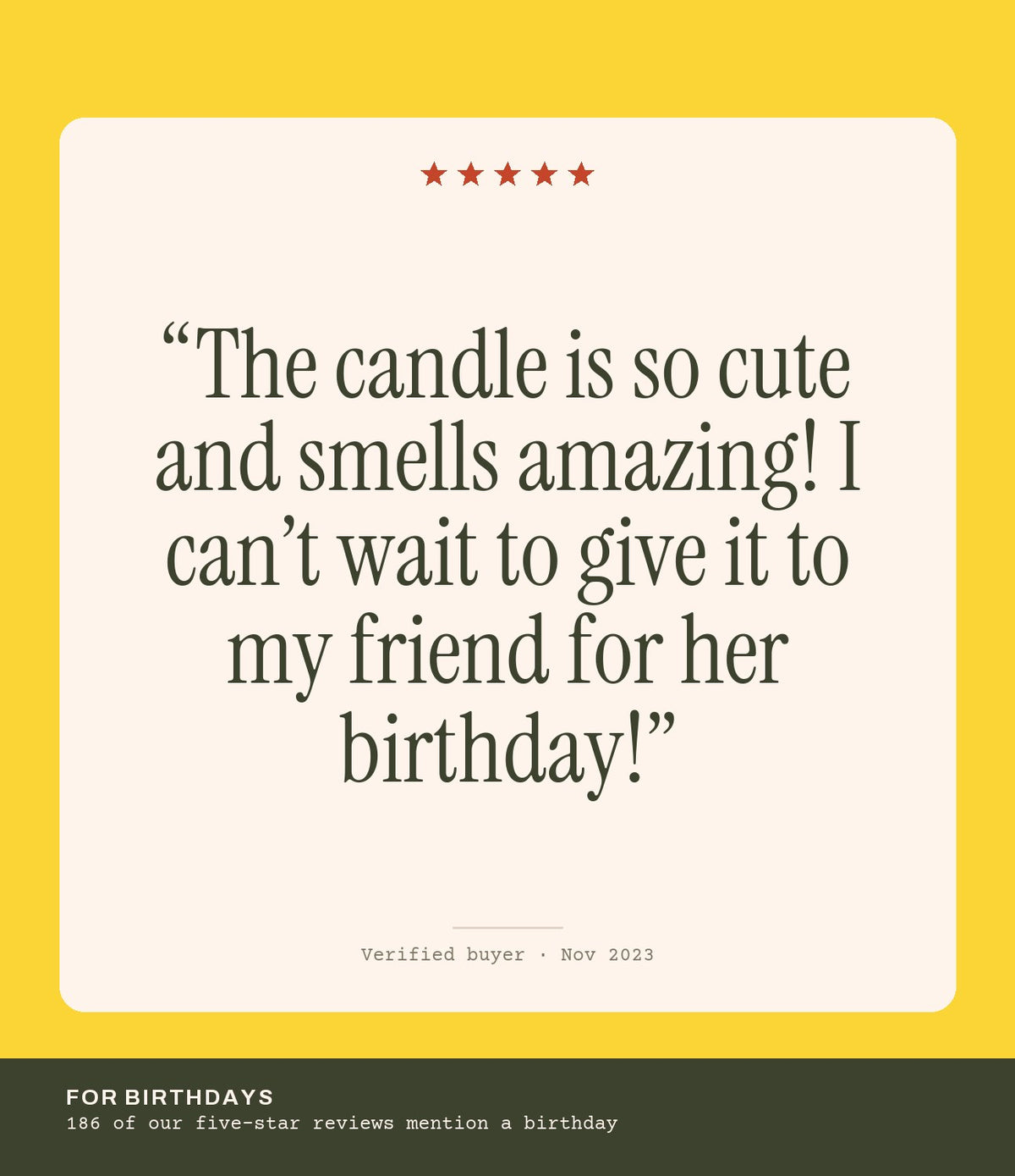 Verified buyer review: The candle is so cute and smells amazing! I can’t wait to give it to my friend for her birthday!