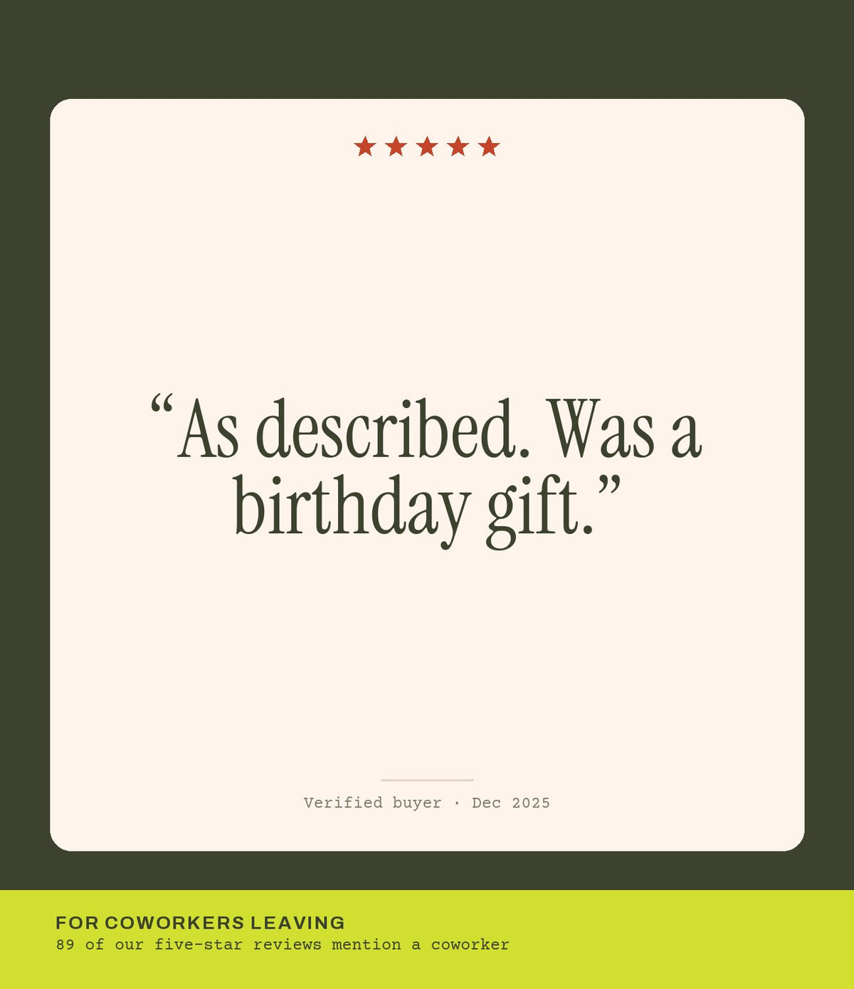 Verified buyer review: As described. Was a birthday gift.