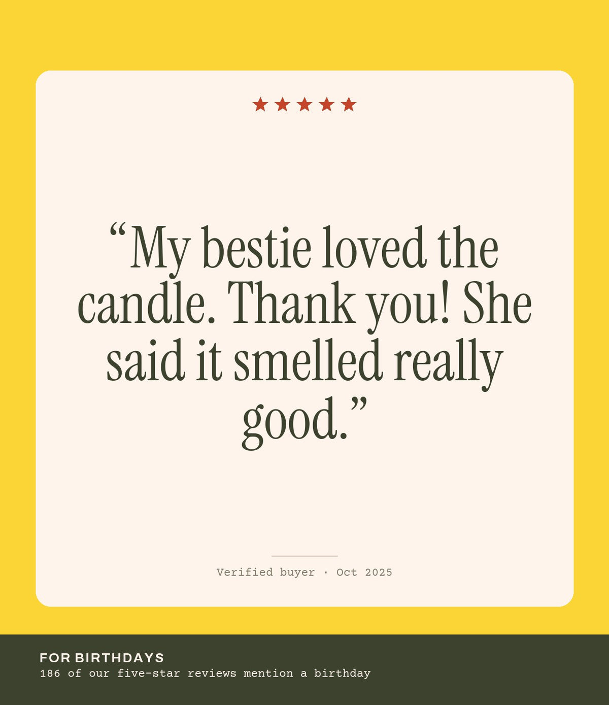 Verified buyer review: My bestie loved the candle. Thank you! She said it smelled really good.