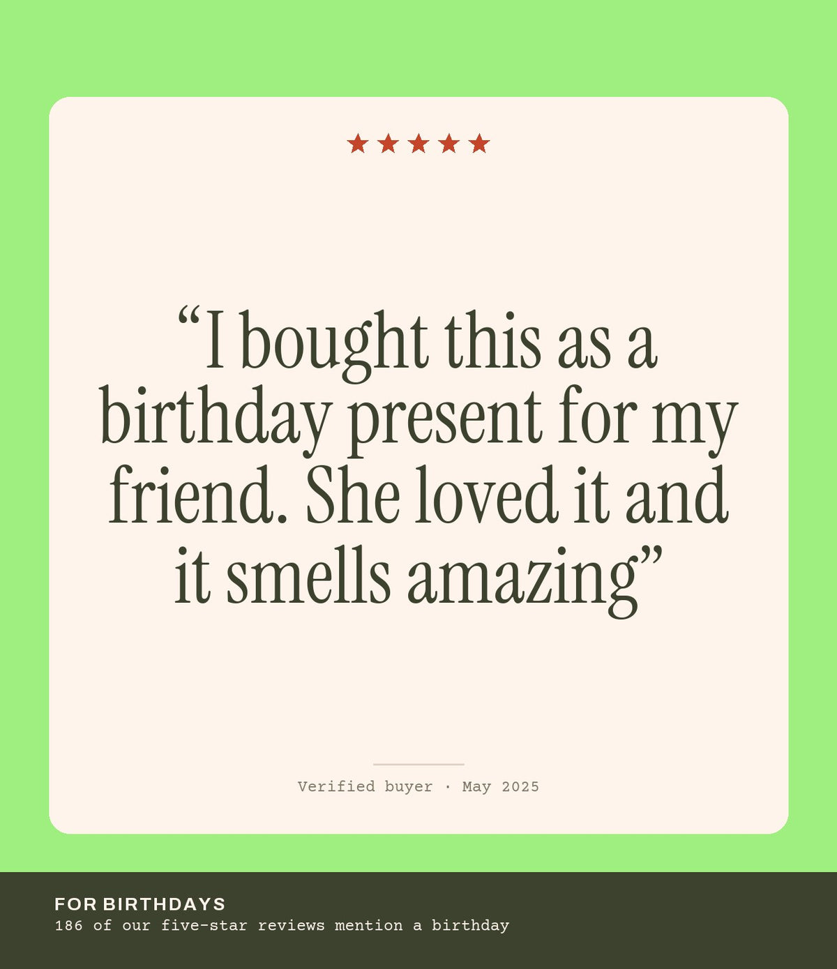 Verified buyer review: I bought this as a birthday present for my friend. She loved it and it smells amazing
