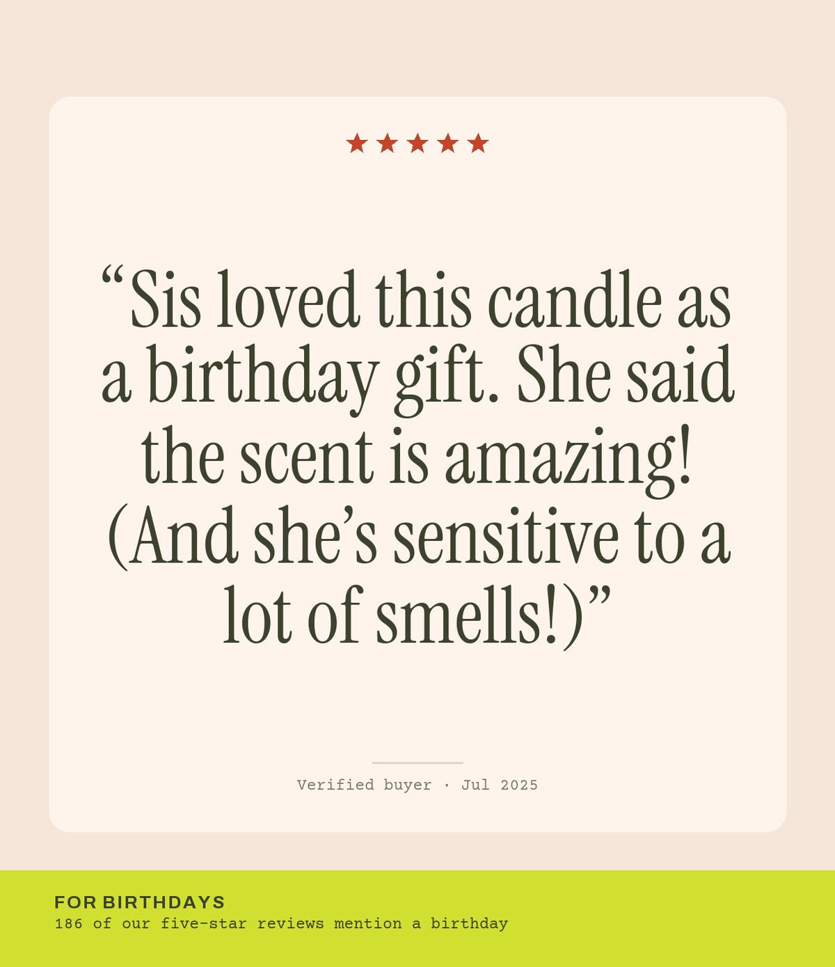 Verified buyer review: Sis loved this candle as a birthday gift. She said the scent is amazing! (And she’s sensitive to a lot of smells!)