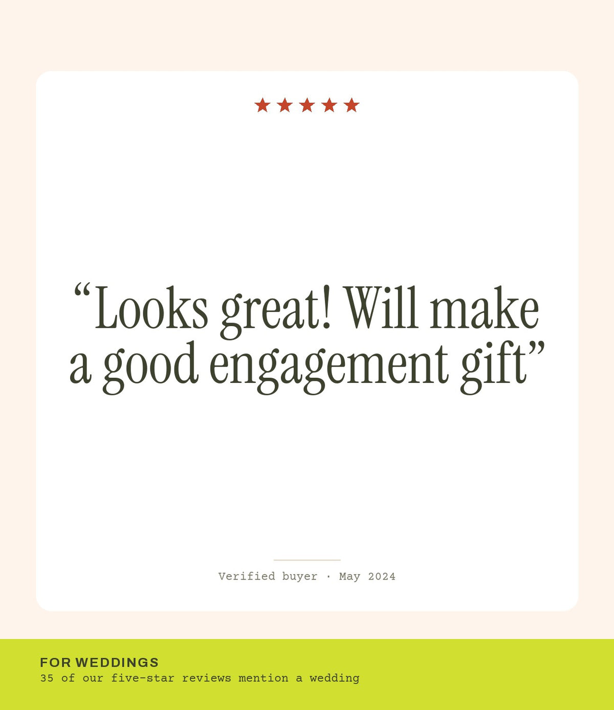 Verified buyer review: Looks great! Will make a good engagement gift