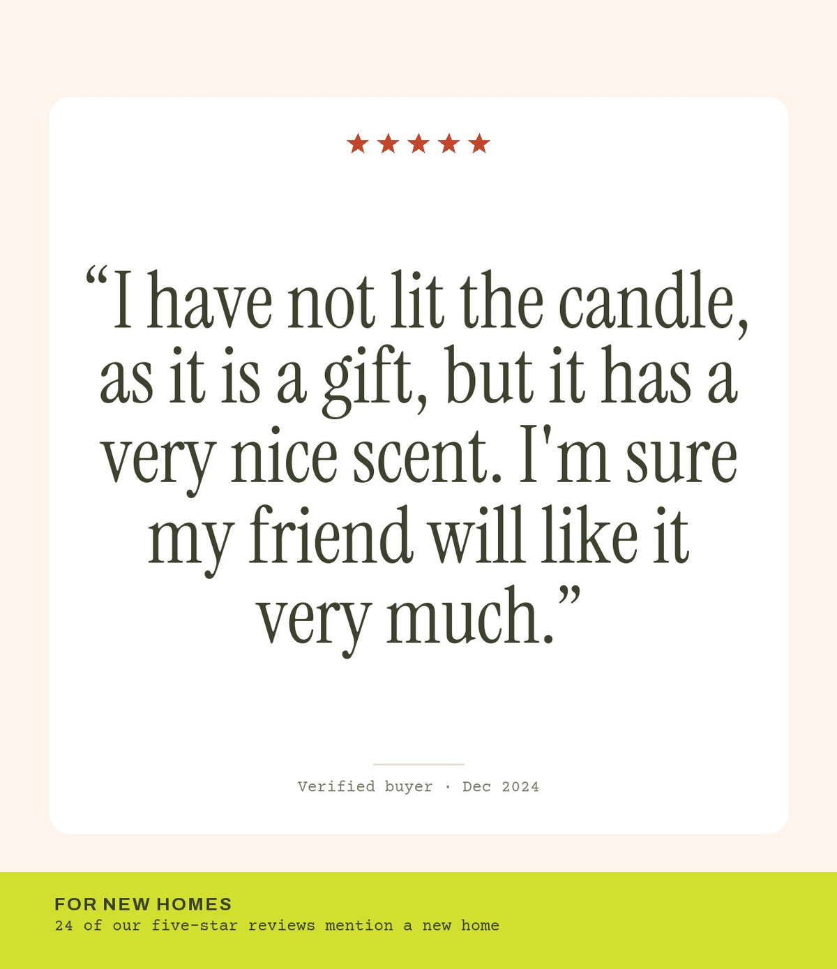 Verified buyer review: I have not lit the candle, as it is a gift, but it has a very nice scent. I'm sure my friend will like it very much.