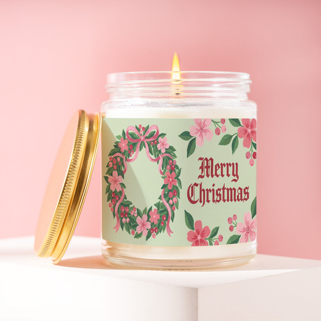 Pink Christmas Wreath Candle, Wreath Gift for Her, Gifts for Mother in Law, Merry Christmas, Noelle, Secret Santa, Hostess Gift R523