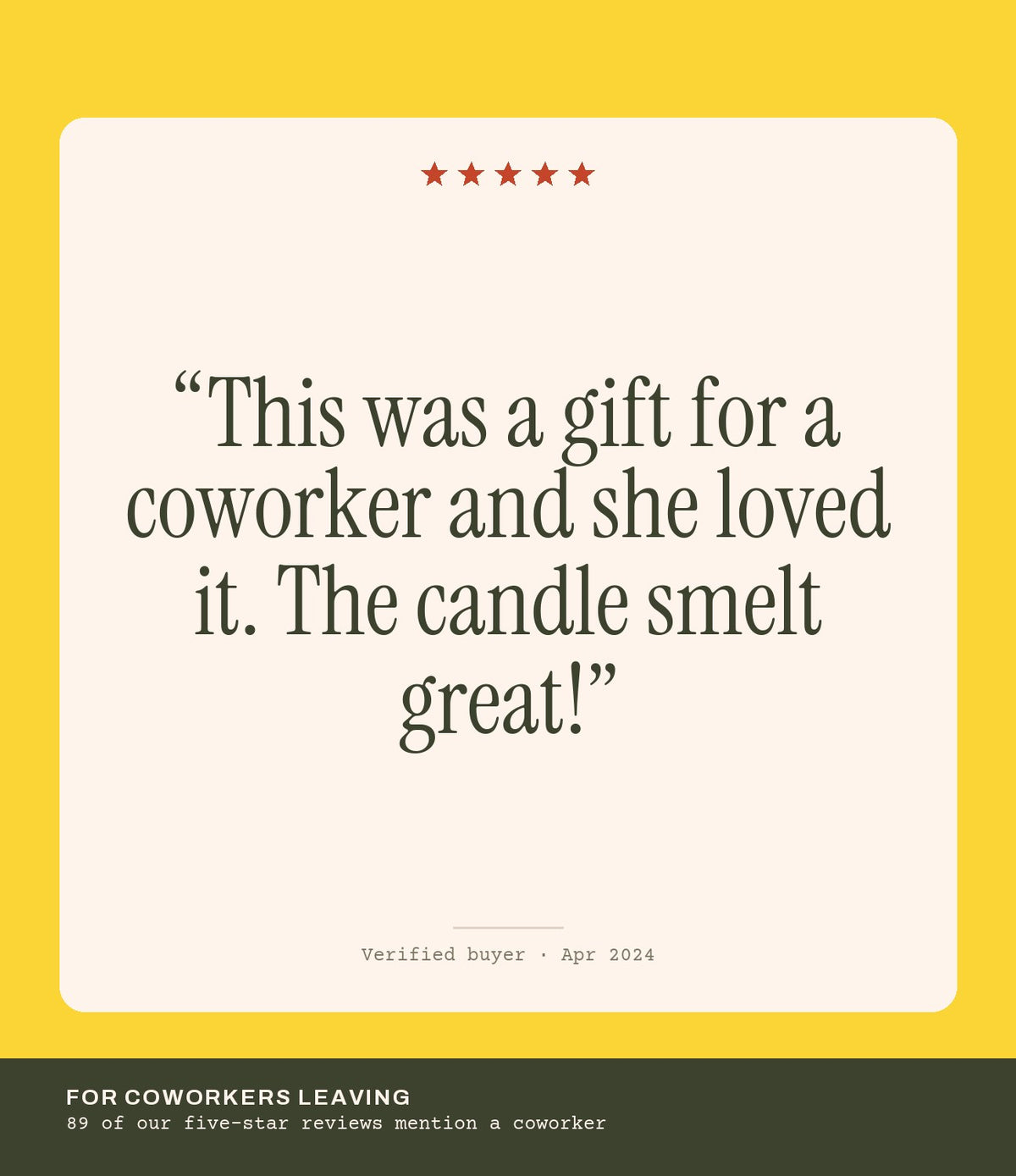 Verified buyer review: This was a gift for a coworker and she loved it. The candle smelt great!