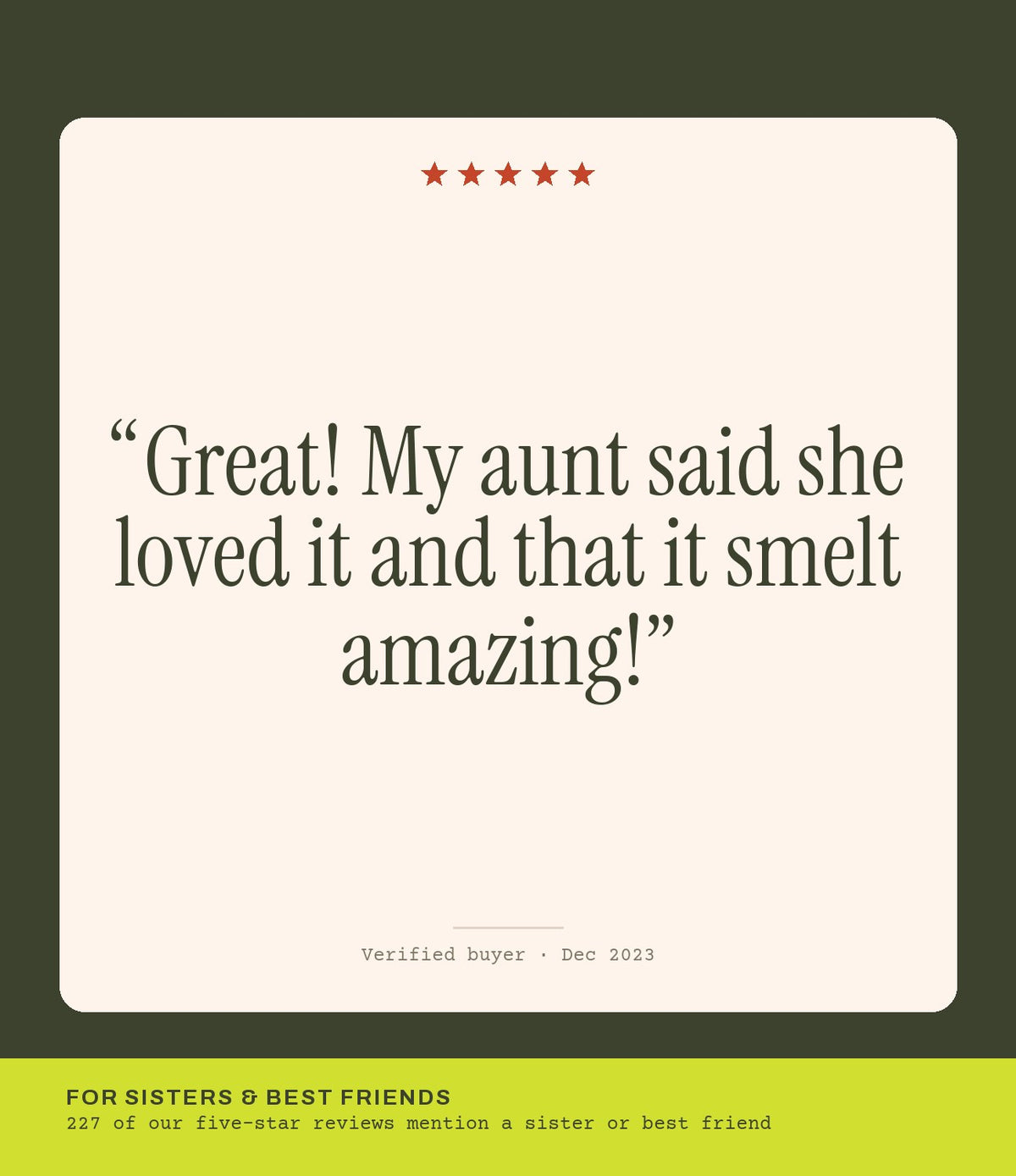 Verified buyer review: Great! My aunt said she loved it and that it smelt amazing!