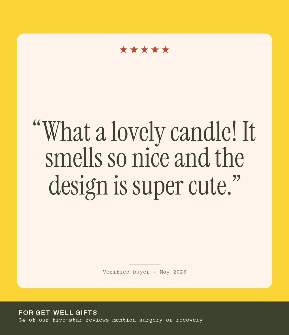 Verified buyer review: What a lovely candle! It smells so nice and the design is super cute.