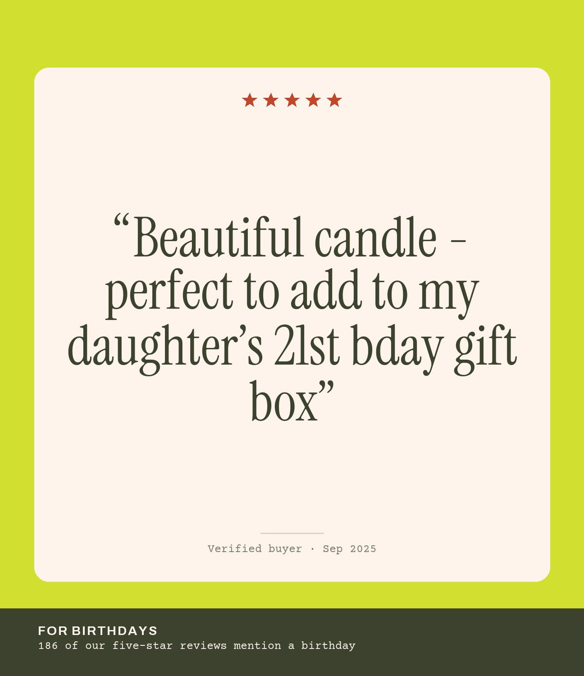 Verified buyer review: Beautiful candle - perfect to add to my daughter’s 21st bday gift box
