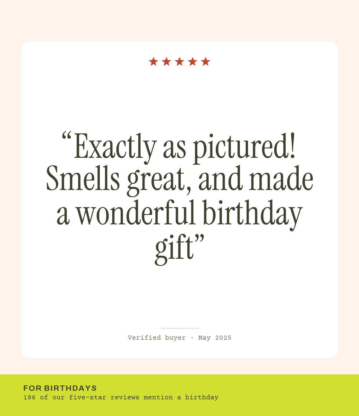 Verified buyer review: Exactly as pictured! Smells great, and made a wonderful birthday gift