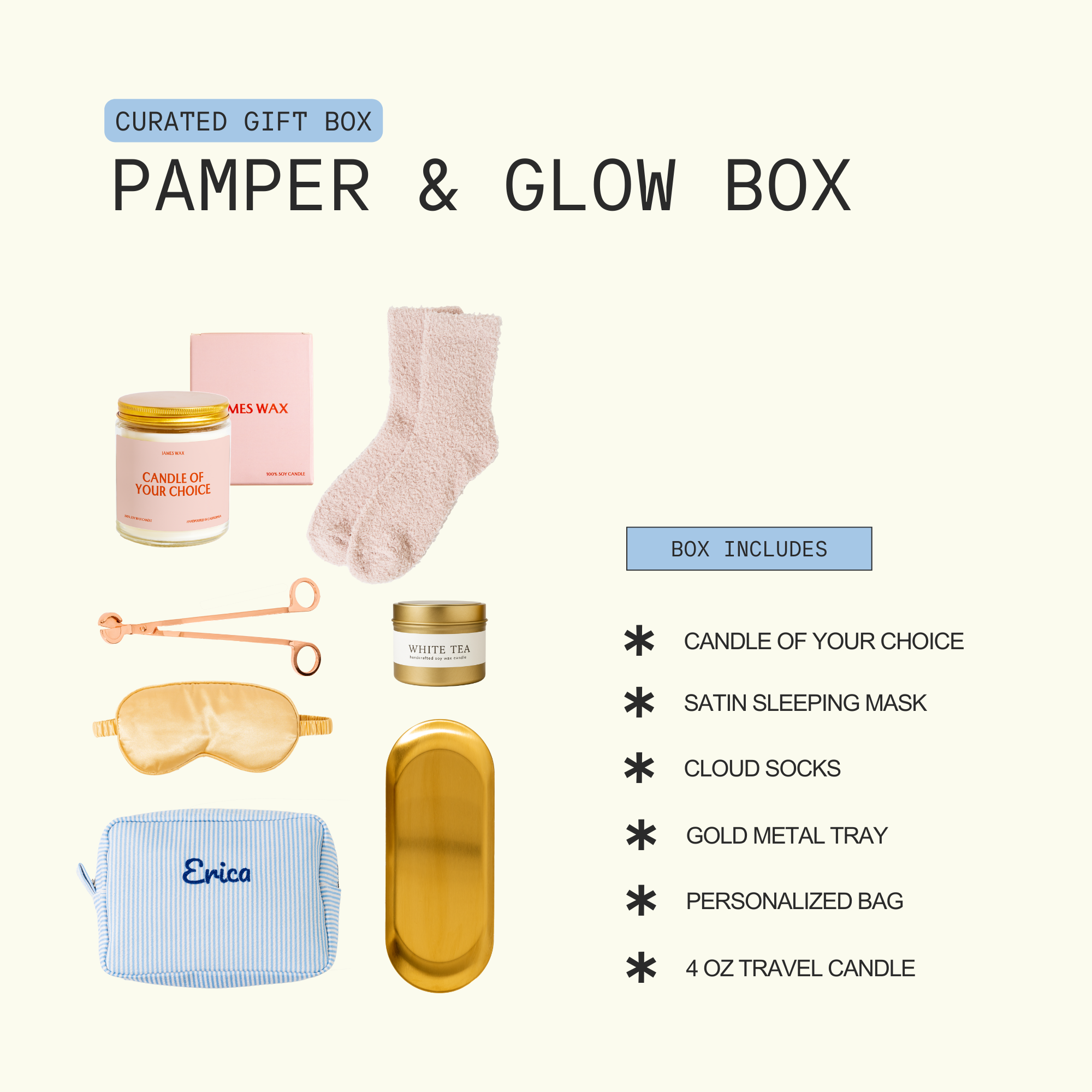 The image is a curated gift box containing various items such as a candle, a pair of socks, a travel candle, and a makeup bag.