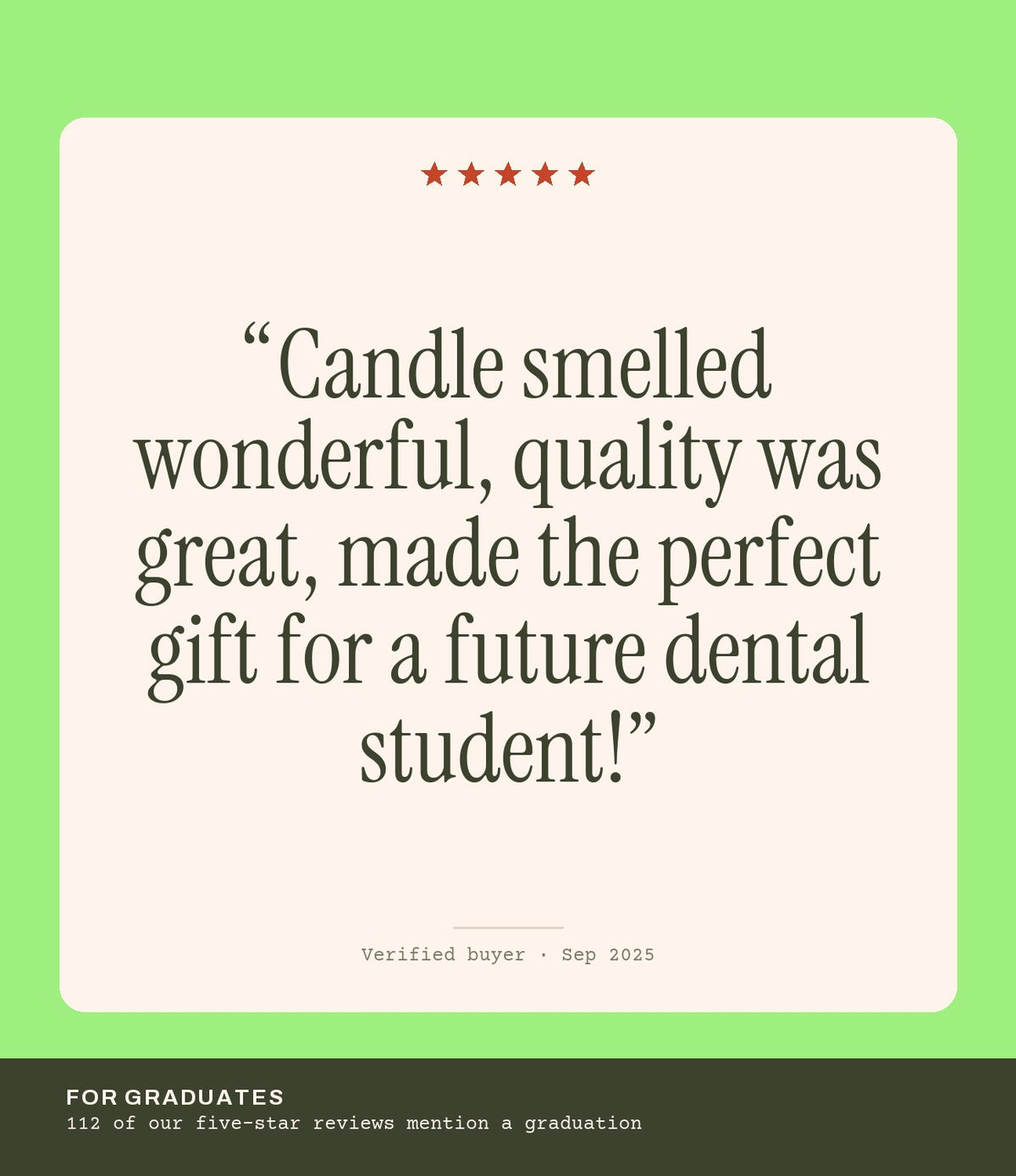 Verified buyer review: Candle smelled wonderful, quality was great, made the perfect gift for a future dental student!