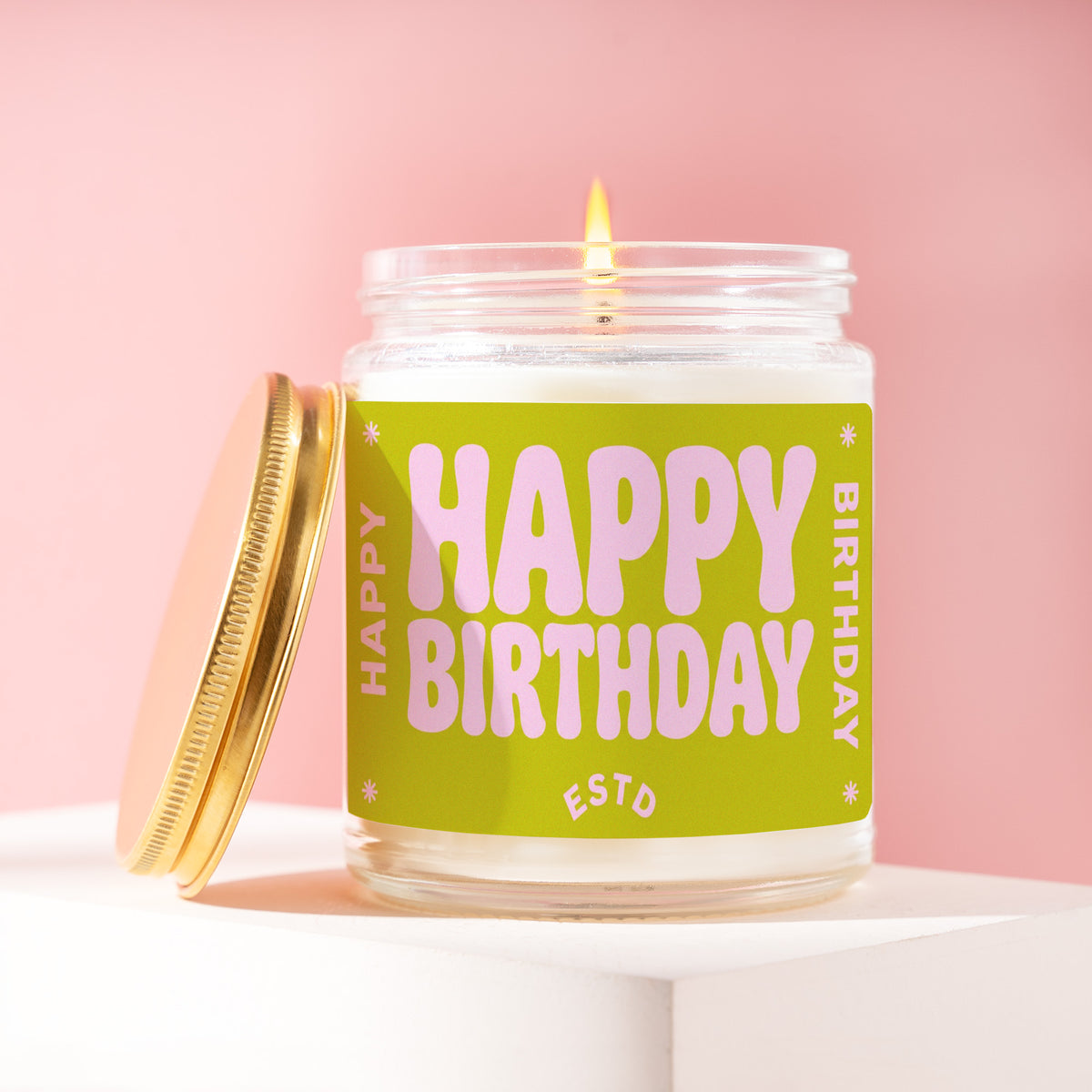 Happy Birthday 9 oz soy candle with a brushed gold lid by James Wax