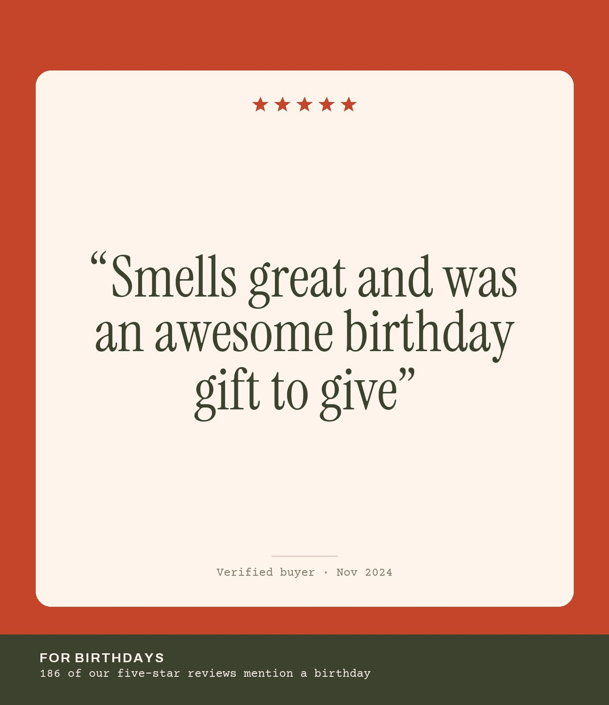 Verified buyer review: Smells great and was an awesome birthday gift to give