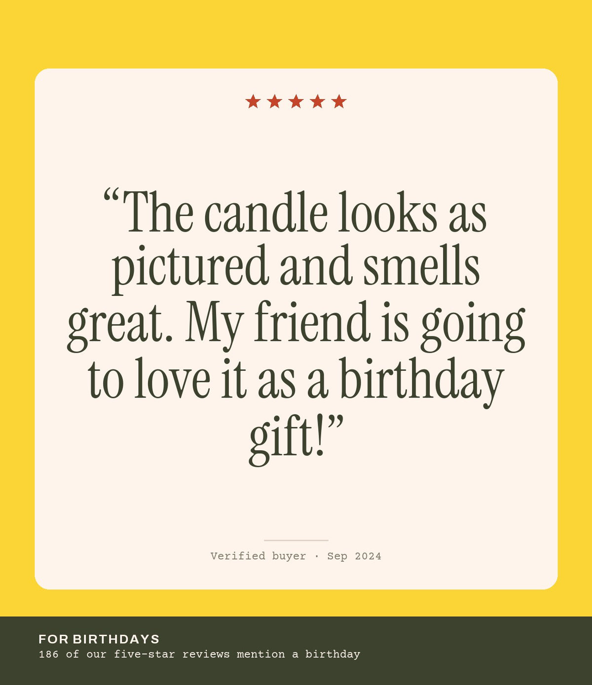 Verified buyer review: The candle looks as pictured and smells great. My friend is going to love it as a birthday gift!