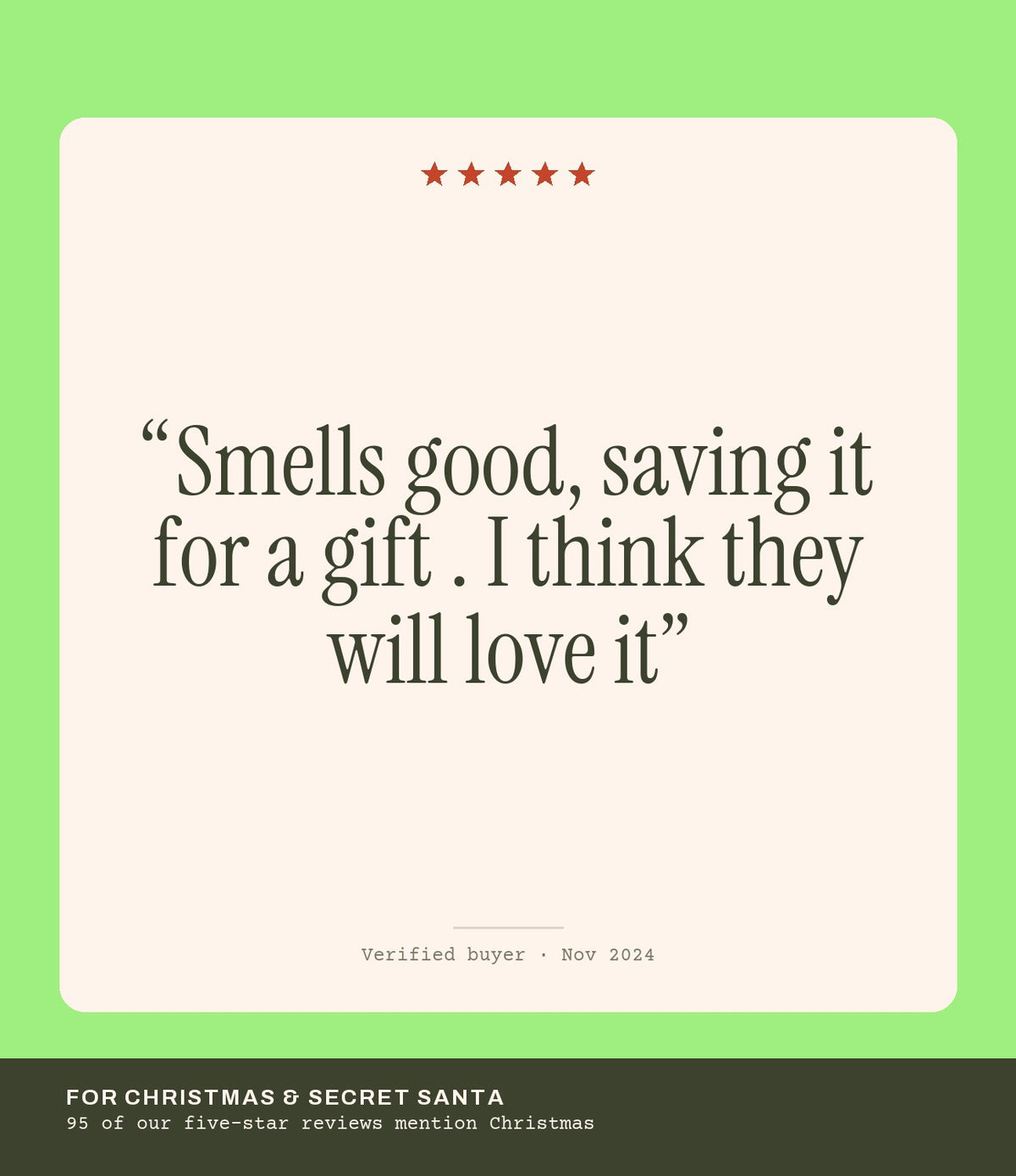 Verified buyer review: Smells good, saving it for a gift . I think they will love it