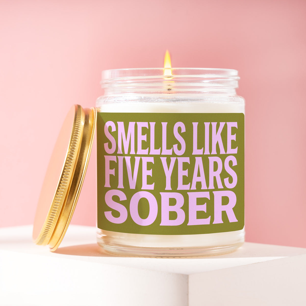 Smells Like Five Years Sober 9 oz soy candle with a brushed gold lid by James Wax