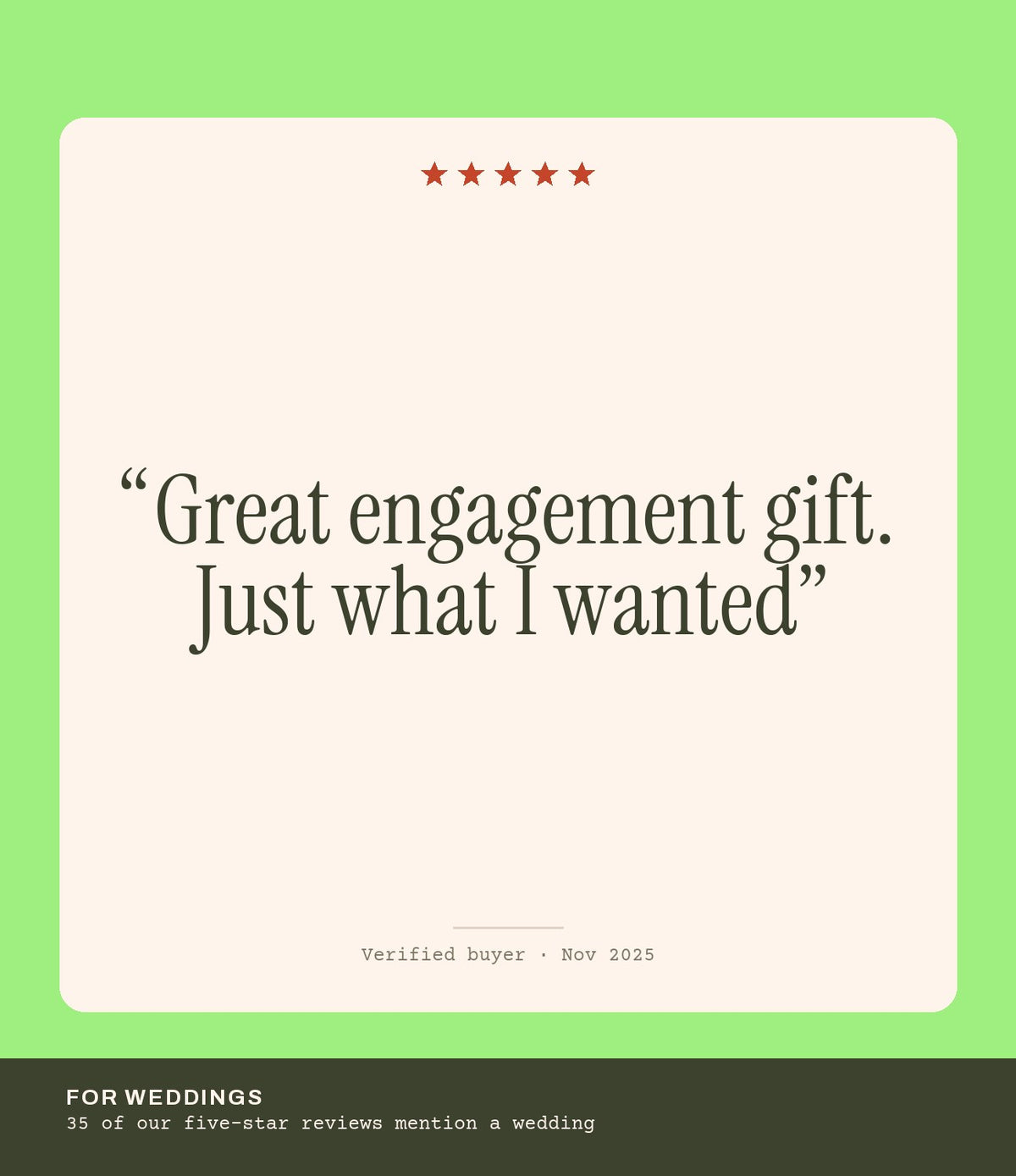 Verified buyer review: Great engagement gift. Just what I wanted