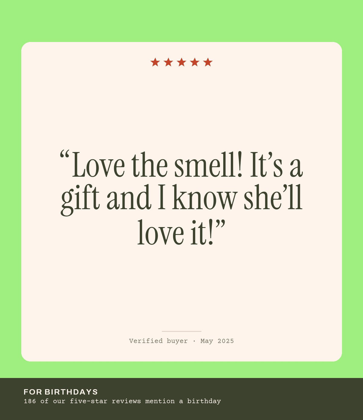 Verified buyer review: Love the smell! It’s a gift and I know she’ll love it!