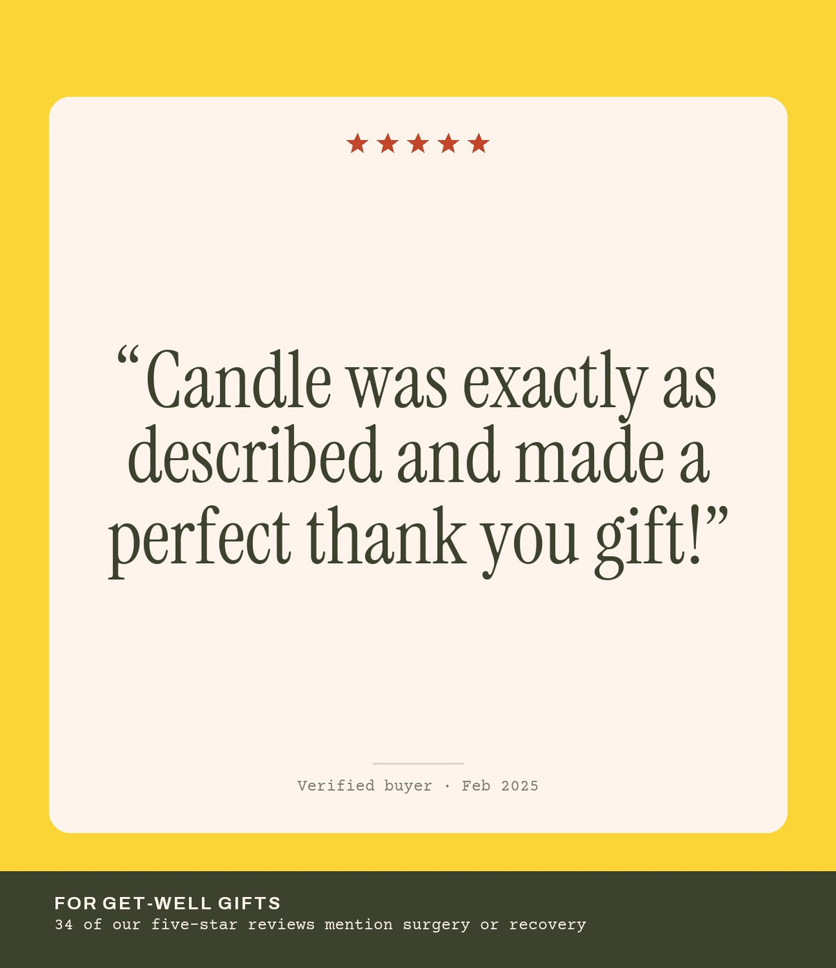 Verified buyer review: Candle was exactly as described and made a perfect thank you gift!