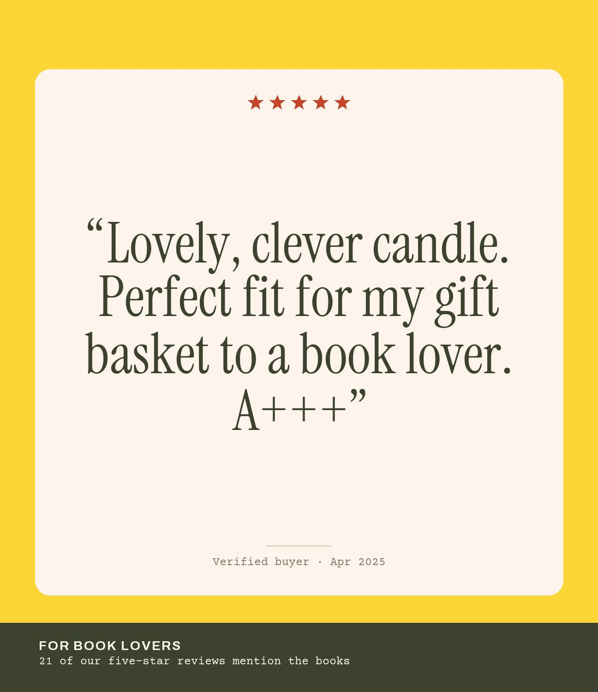 Verified buyer review: Lovely, clever candle. Perfect fit for my gift basket to a book lover. A+++