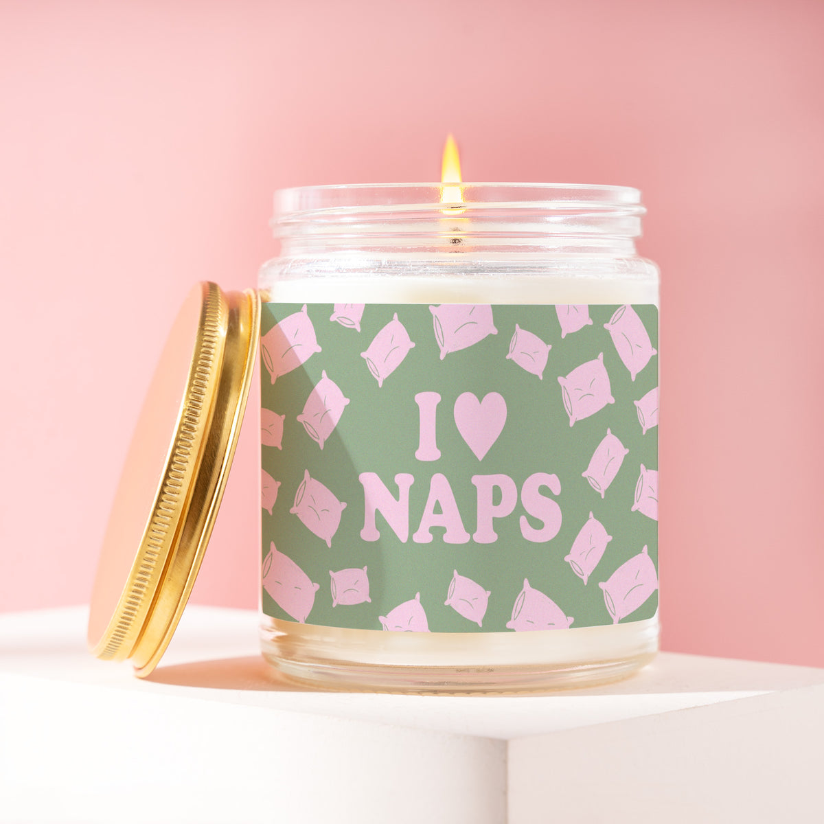 I Heart Naps 9 oz soy candle with a brushed gold lid by James Wax