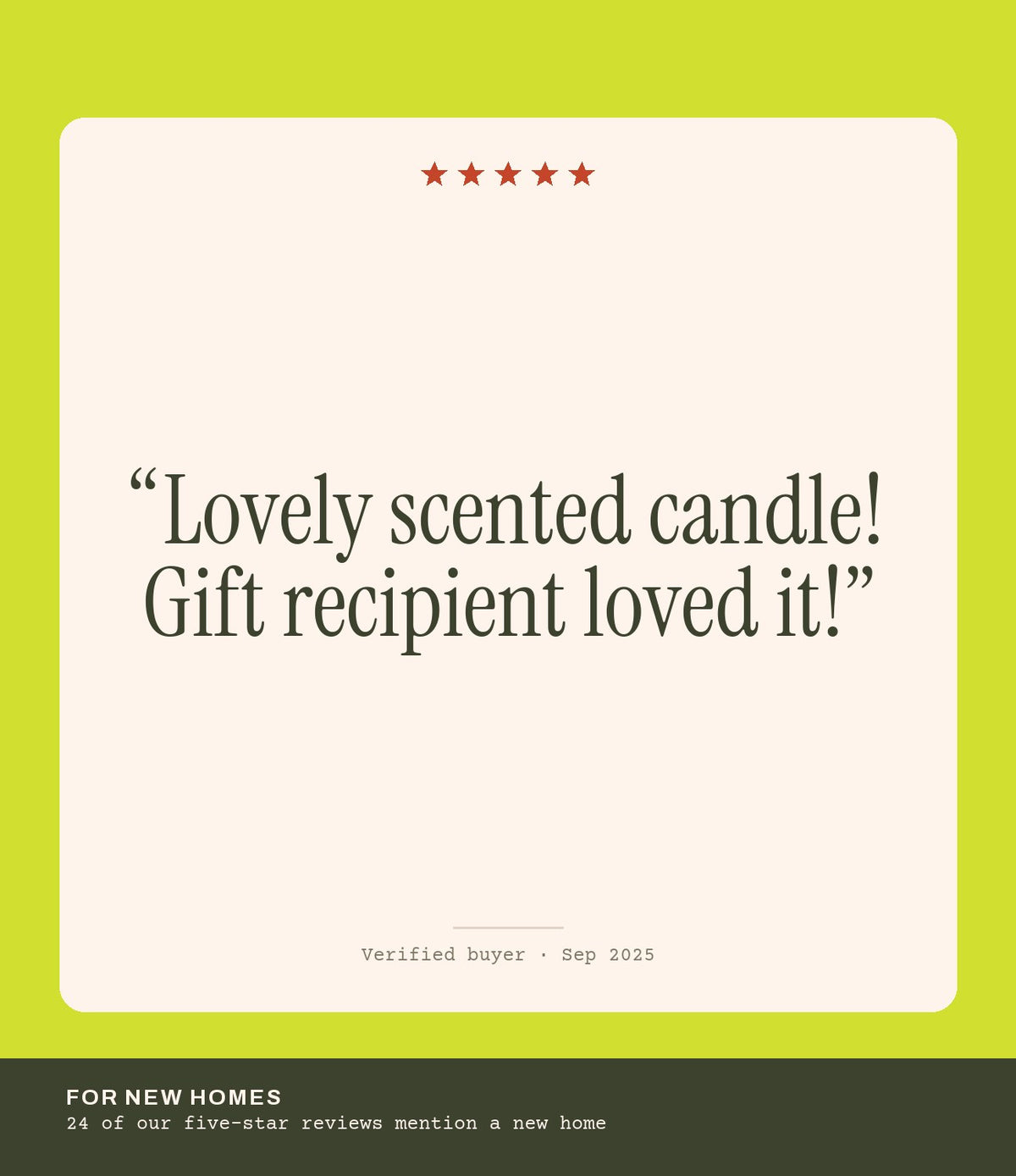 Verified buyer review: Lovely scented candle! Gift recipient loved it!