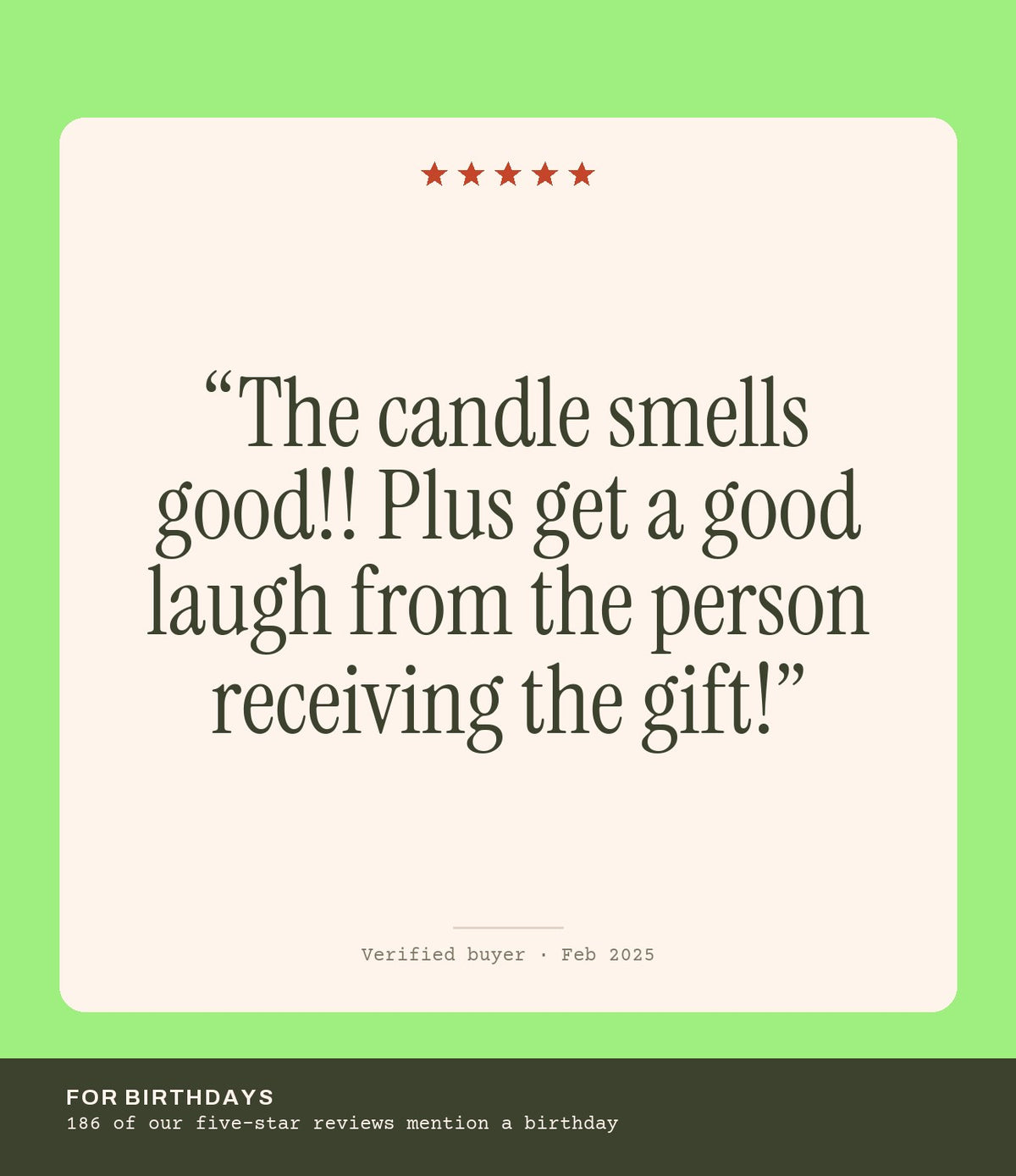 Verified buyer review: The candle smells good!! Plus get a good laugh from the person receiving the gift!