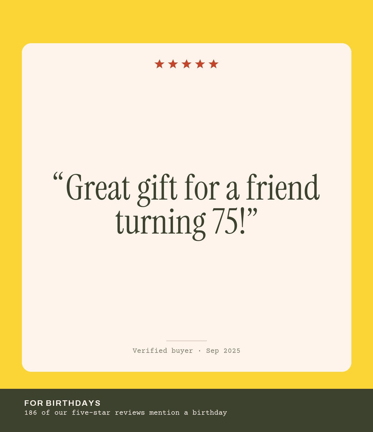 Verified buyer review: Great gift for a friend turning 75!