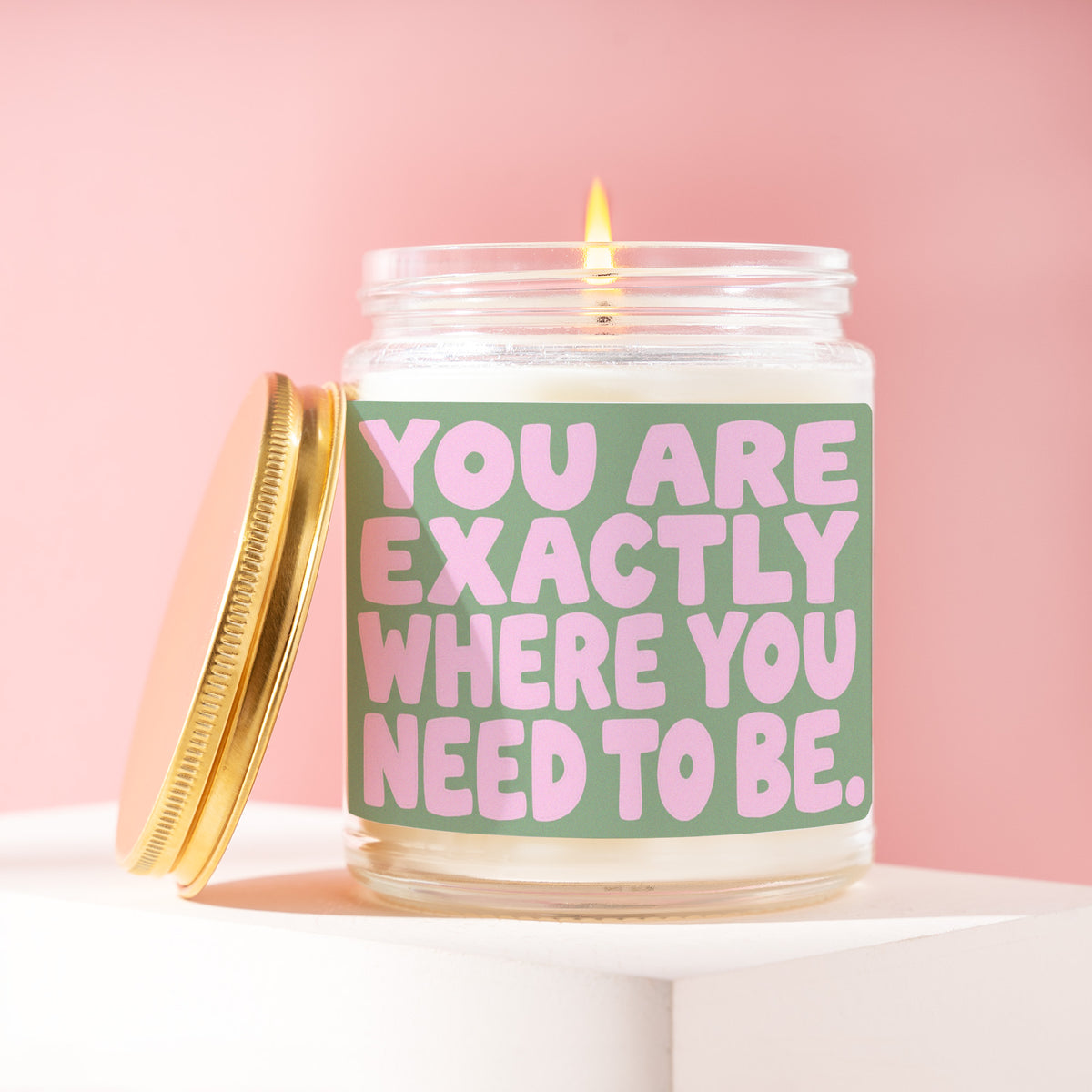You Are Exactly Where You Need To Be. 9 oz soy candle with a brushed gold lid by James Wax