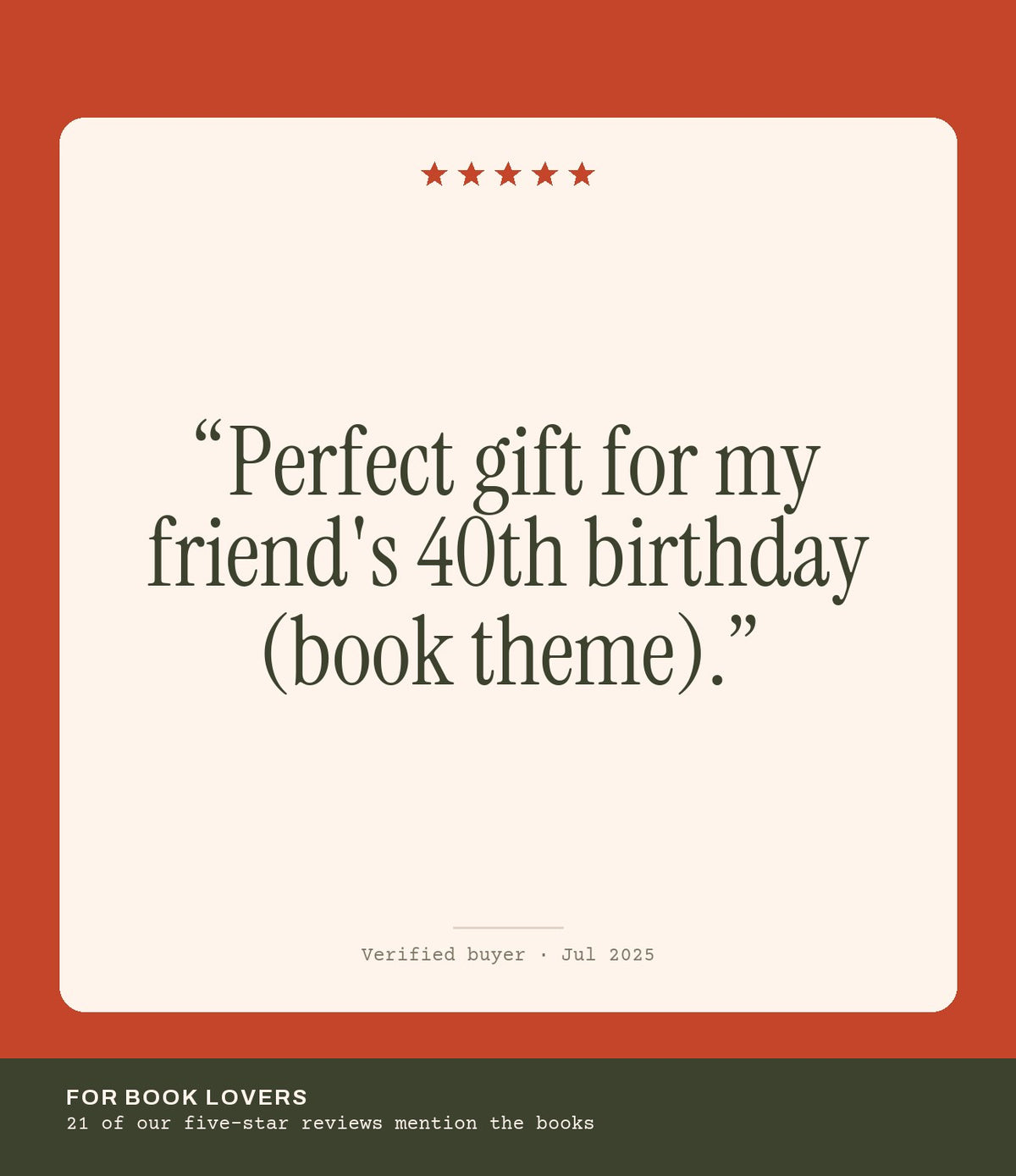 Verified buyer review: Perfect gift for my friend's 40th birthday (book theme).