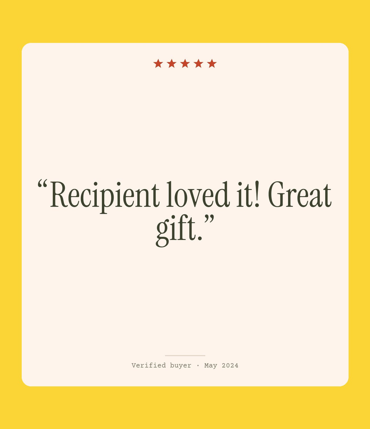 Verified buyer review: Recipient loved it! Great gift.
