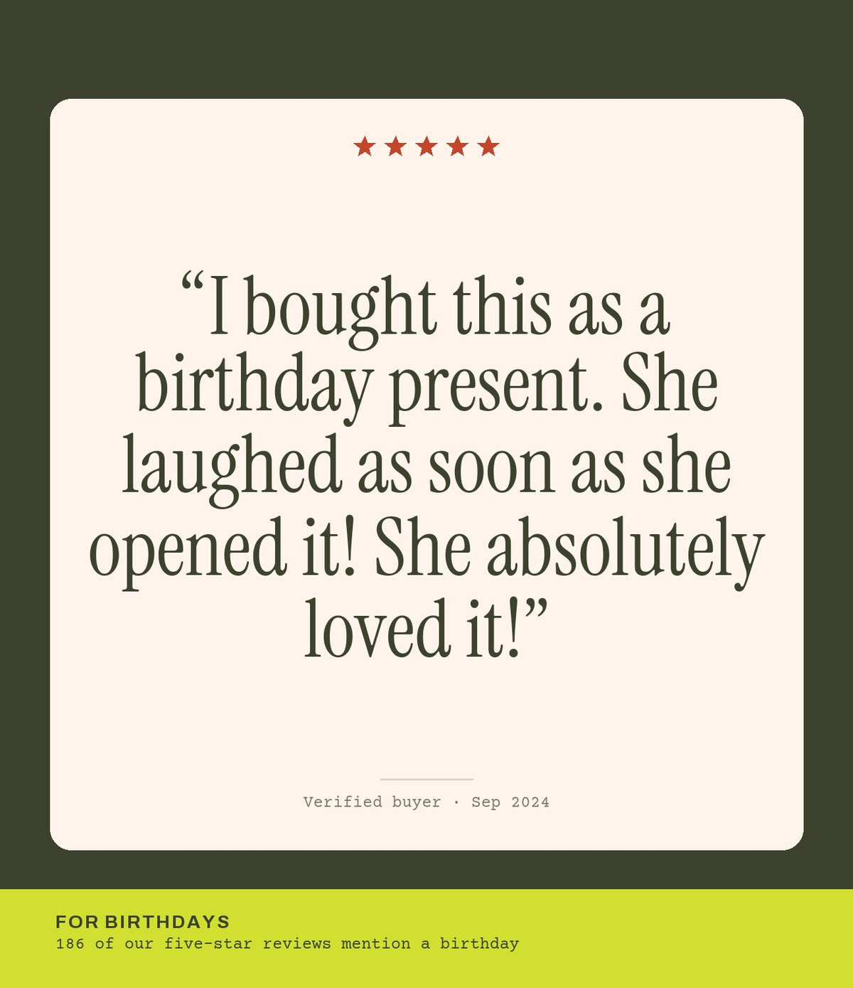 Verified buyer review: I bought this as a birthday present. She laughed as soon as she opened it! She absolutely loved it!
