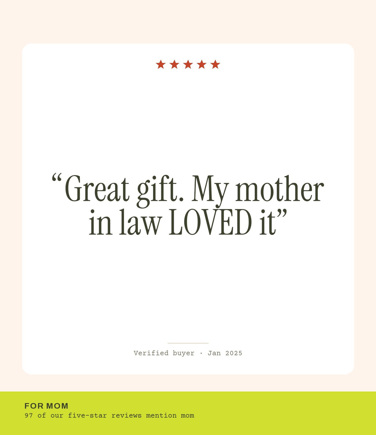 Verified buyer review: Great gift. My mother in law LOVED it