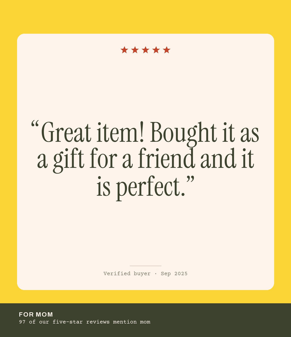 Verified buyer review: Great item! Bought it as a gift for a friend and it is perfect.