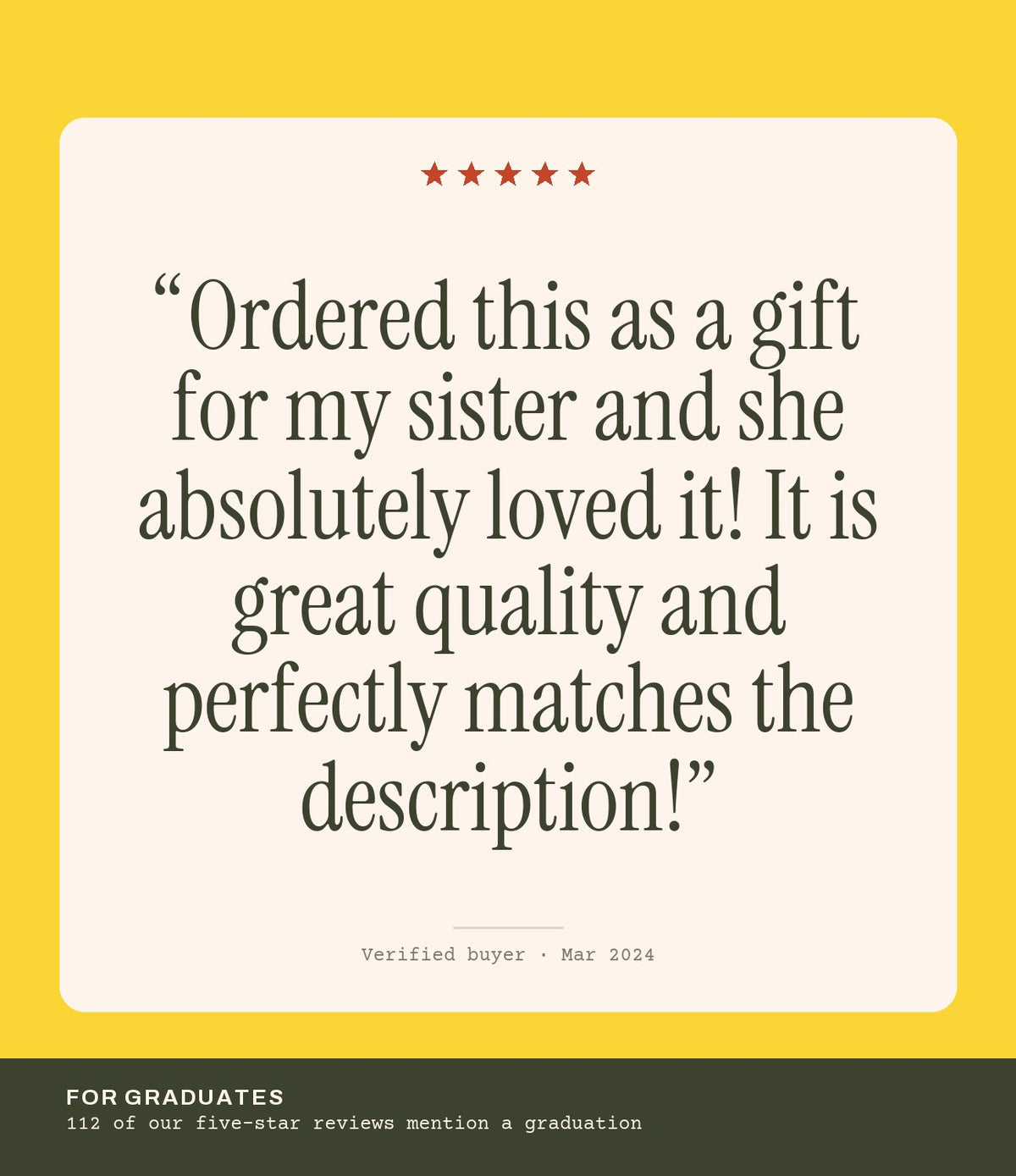 Verified buyer review: Ordered this as a gift for my sister and she absolutely loved it! It is great quality and perfectly matches the description!