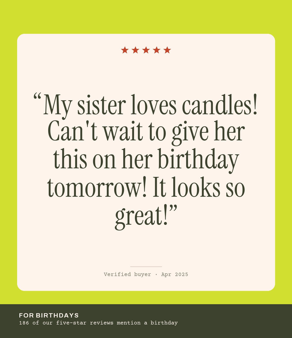 Verified buyer review: My sister loves candles! Can't wait to give her this on her birthday tomorrow! It looks so great!