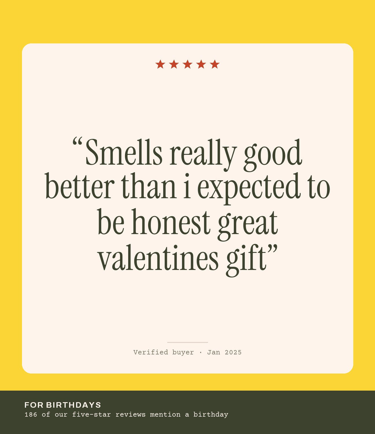 Verified buyer review: Smells really good better than i expected to be honest great valentines gift