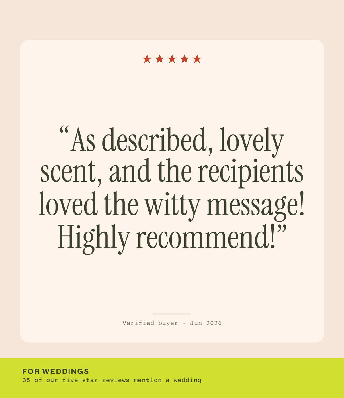 Verified buyer review: As described, lovely scent, and the recipients loved the witty message! Highly recommend!