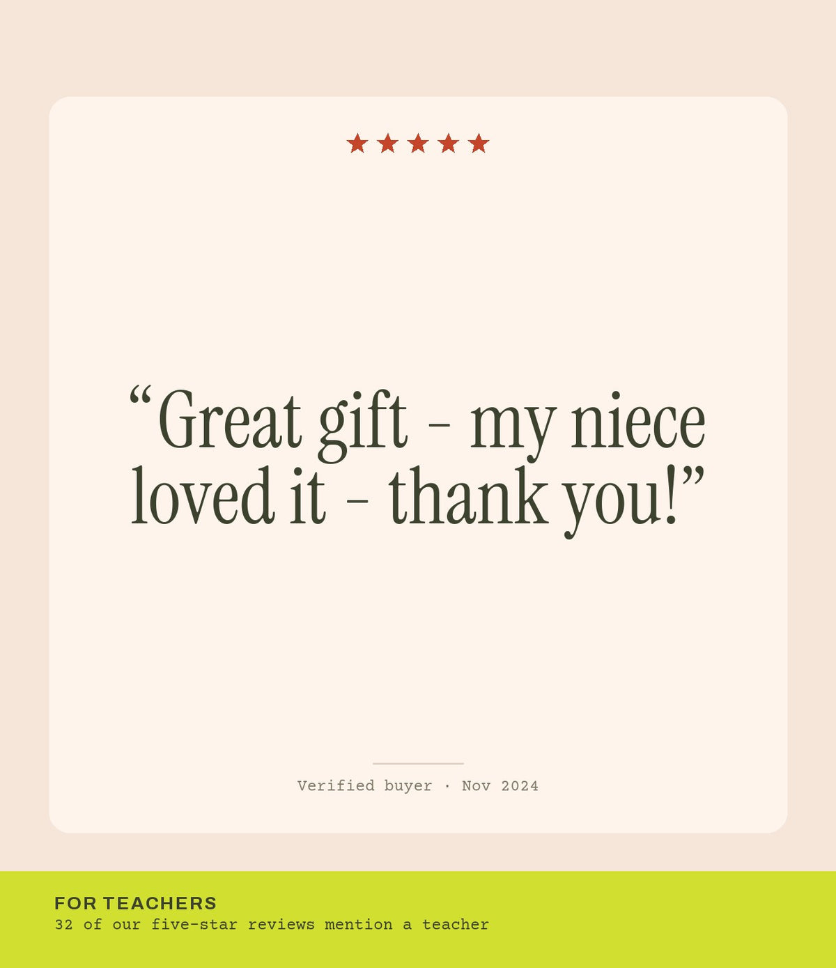 Verified buyer review: Great gift - my niece loved it - thank you!