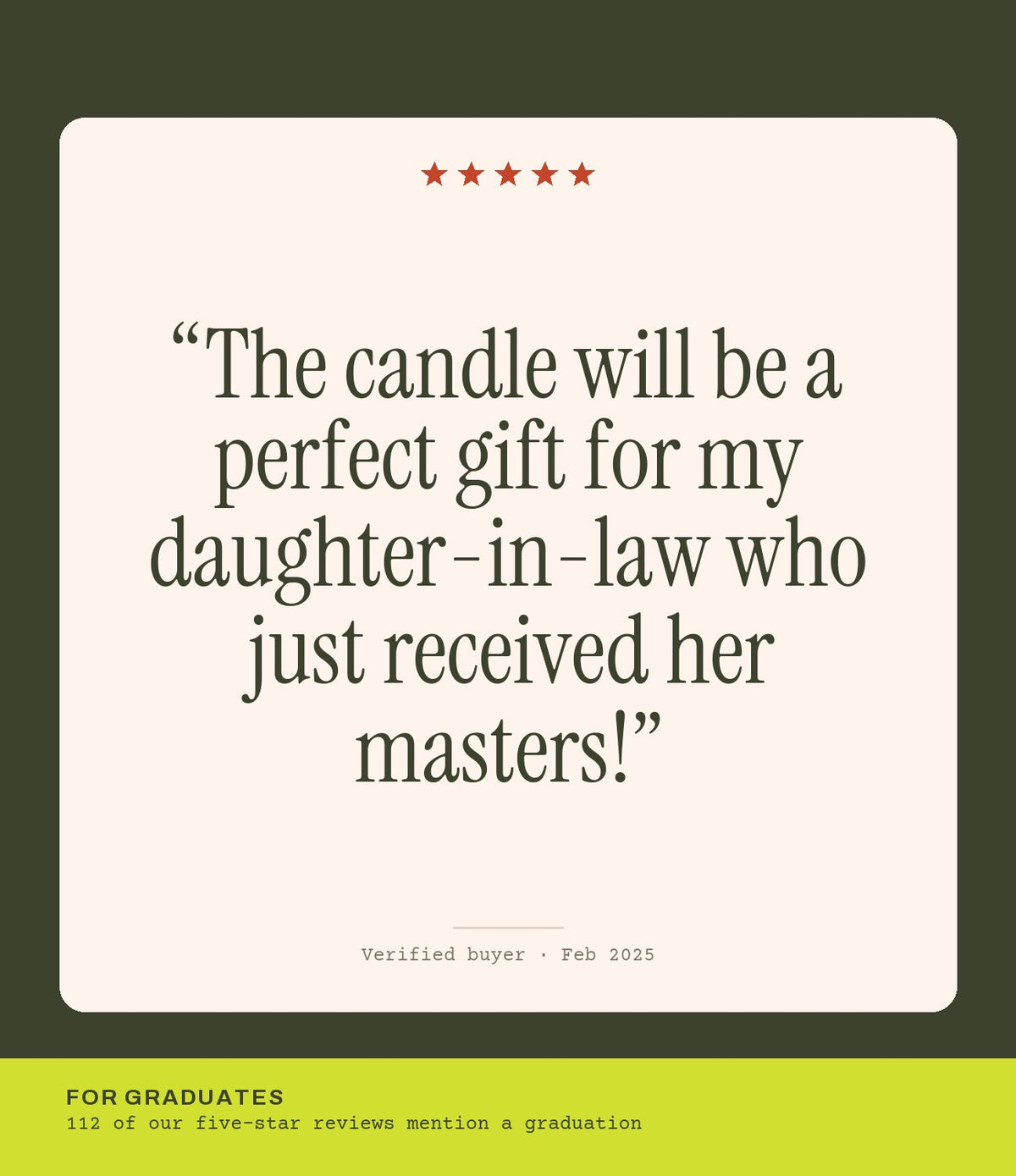 Verified buyer review: The candle will be a perfect gift for my daughter-in-law who just received her masters!