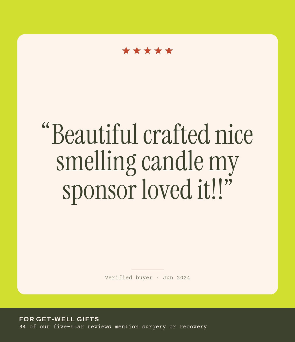 Verified buyer review: Beautiful crafted nice smelling candle my sponsor loved it!!