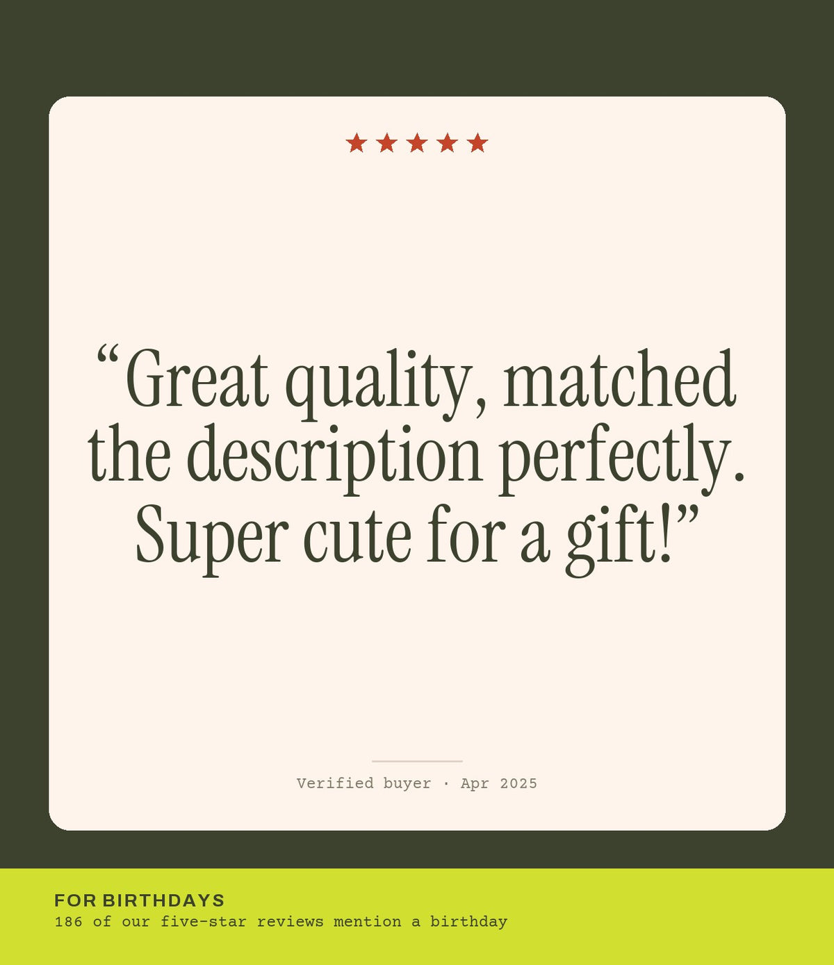Verified buyer review: Great quality, matched the description perfectly. Super cute for a gift!