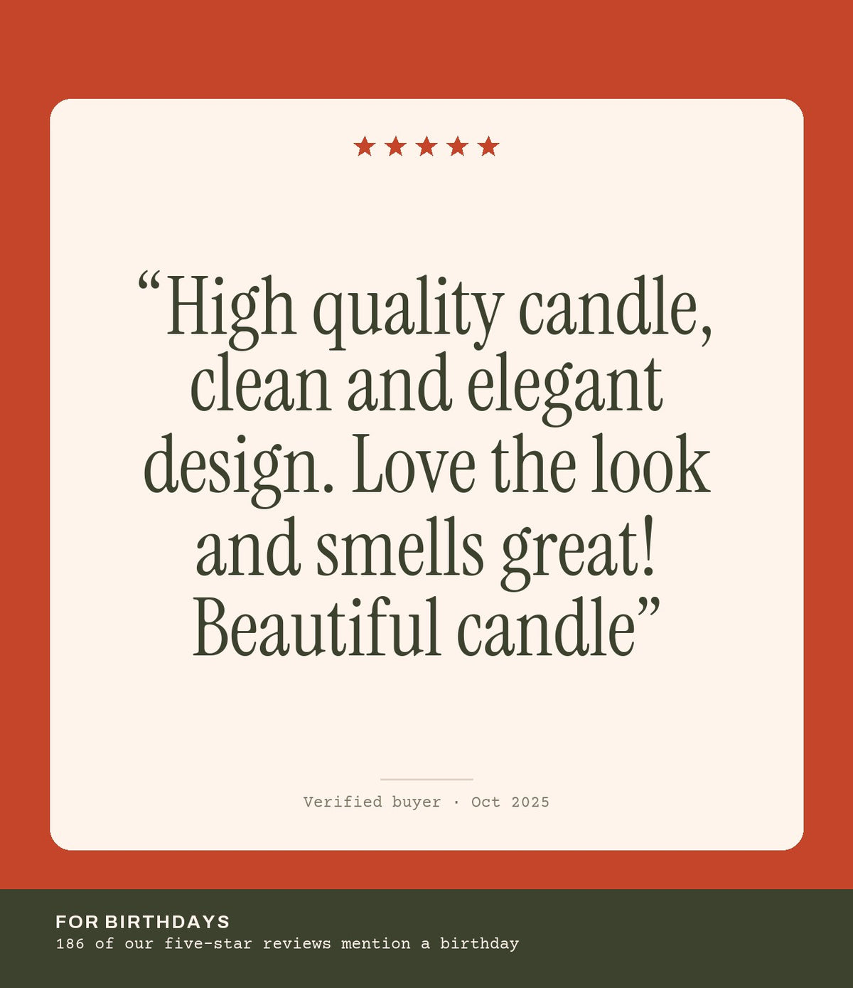 Verified buyer review: High quality candle, clean and elegant design. Love the look and smells great! Beautiful candle