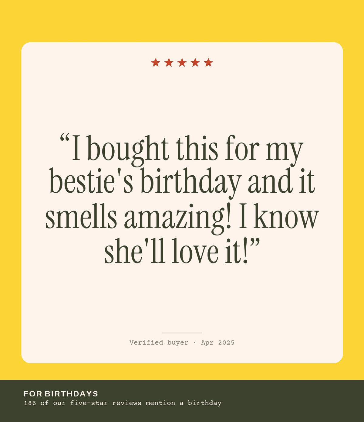Verified buyer review: I bought this for my bestie's birthday and it smells amazing! I know she'll love it!