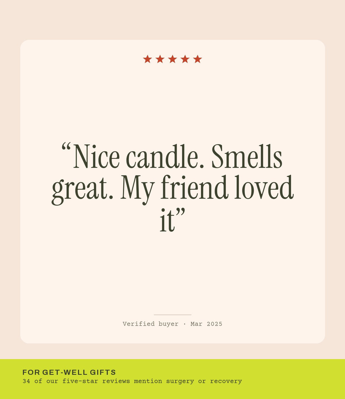 Verified buyer review: Nice candle. Smells great. My friend loved it